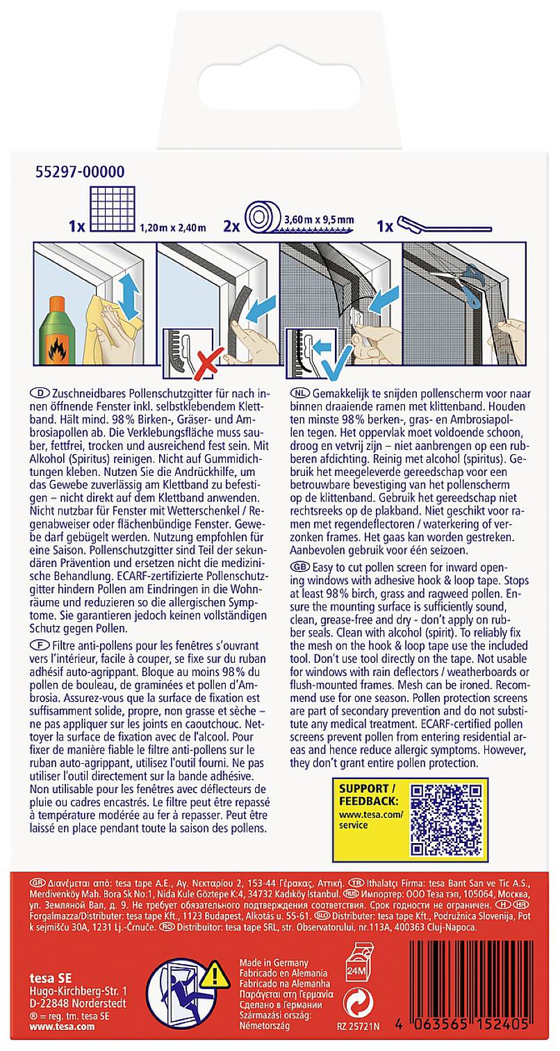 'Instructions pour grille de protection contre le pollen amovible : description étape par étape avec images. Contient un code QR pour plus d'informations.'