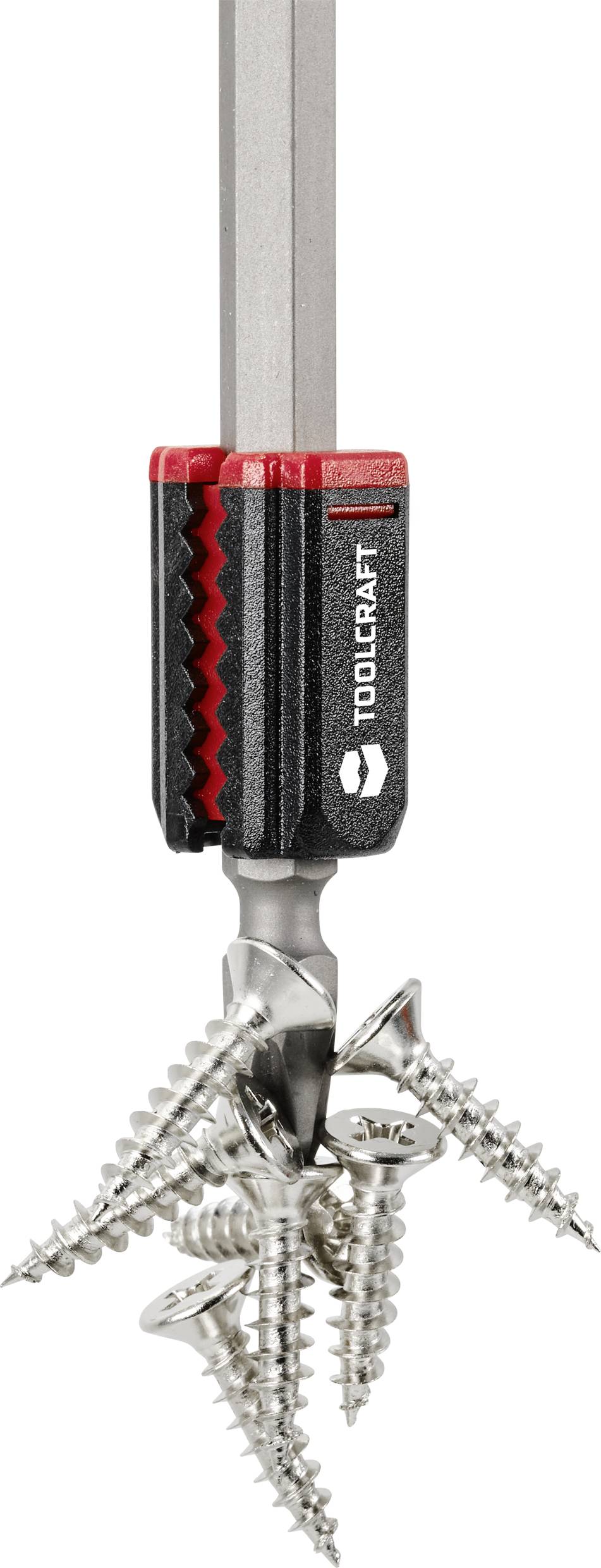 Un embout de tournevis de TOOLCRAFT maintient plusieurs vis argentées sur un support magnétique.