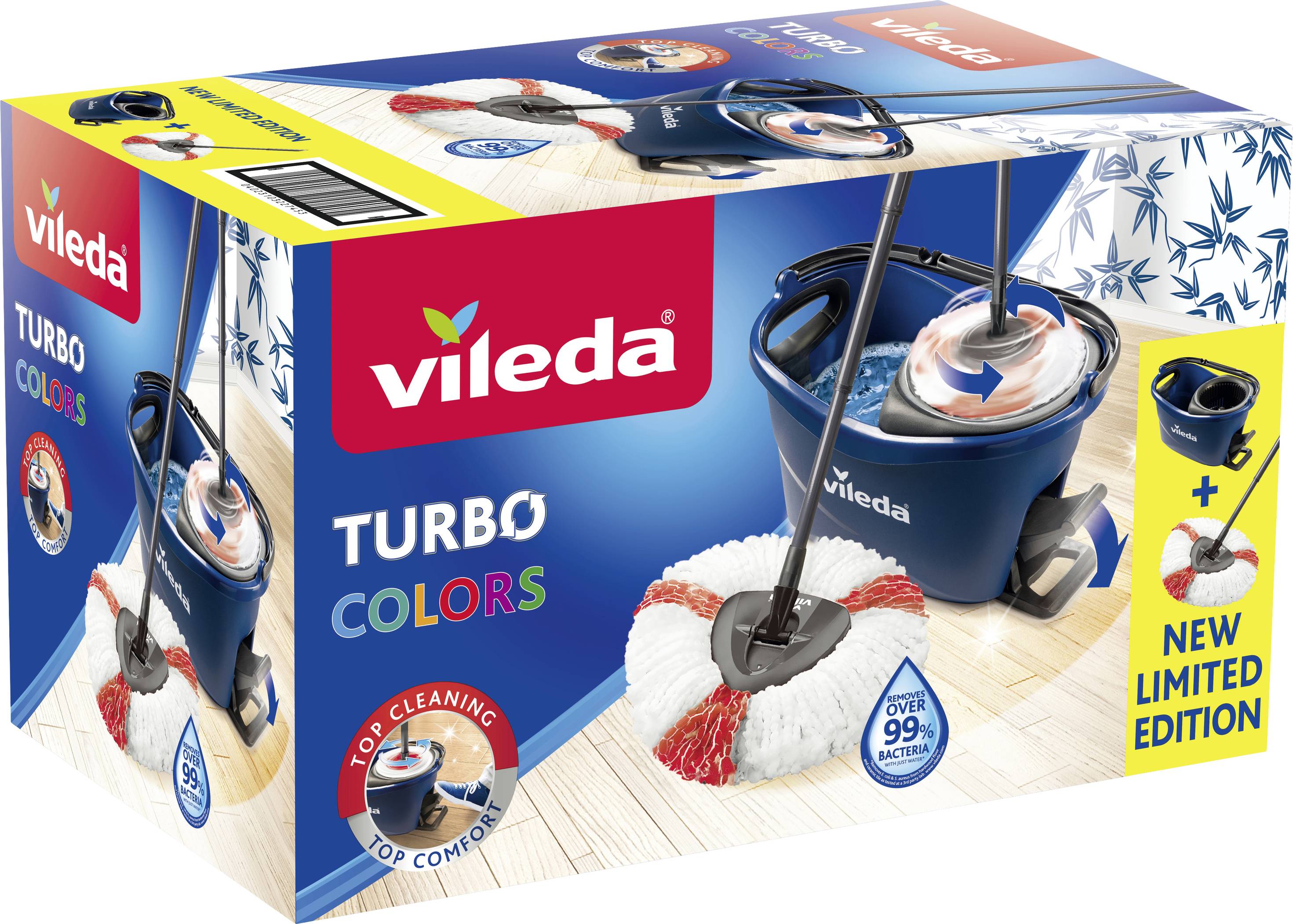 Emballage d'un ensemble de serpillière Vileda Turbo Colors, design bleu et rouge, comprenant un seau et une serpillière avec un mécanisme d'essorage de type centrifuge.