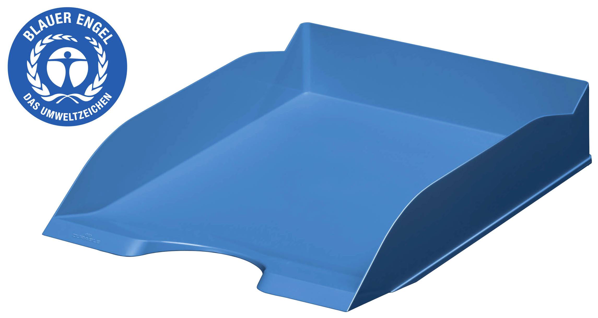 Boîte de classement bleue avec l'éco-label 'Ange Bleu'.