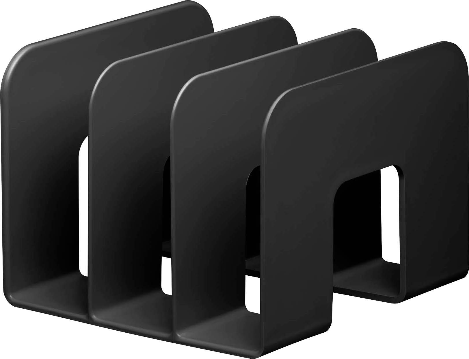 Porte-documents noir en trois parties pour l'organisation des documents sur le bureau.