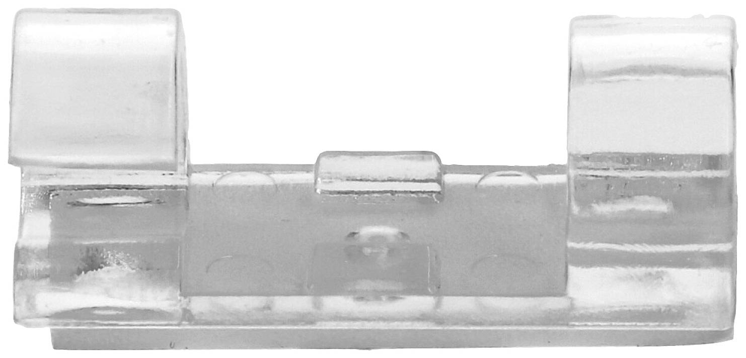 Un support transparent en plastique, probablement destiné à fixer des objets légers sur des murs ou des meubles.