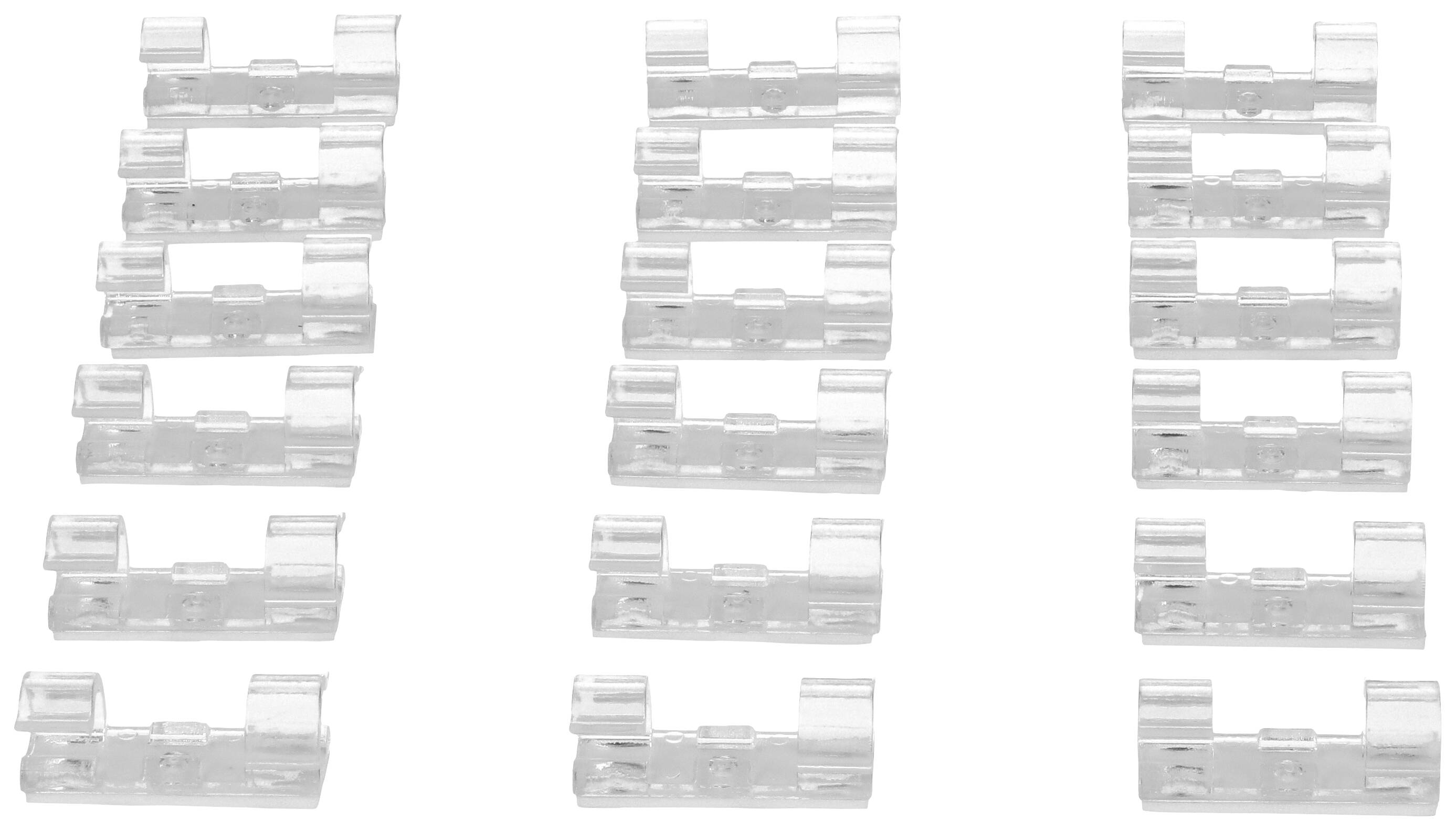Un ensemble de clips transparents disposés en trois rangées, pouvant être utilisés pour fixer des matériaux fins.