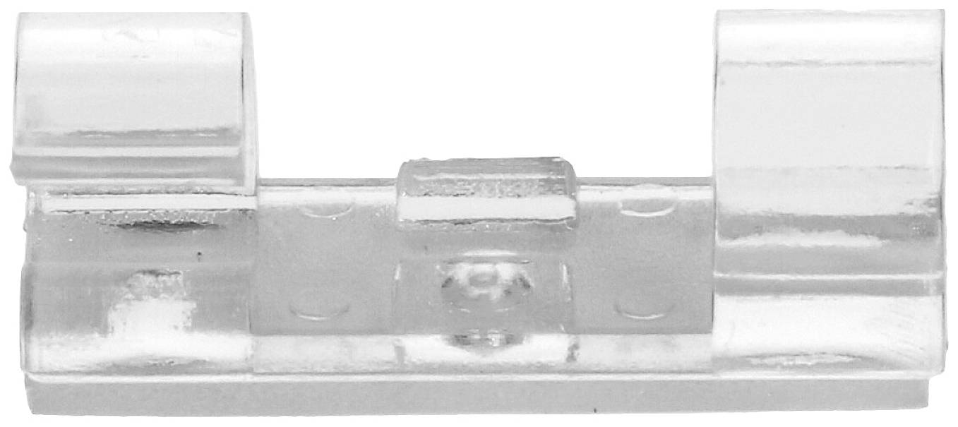 Un clip en plastique transparent de forme rectangulaire, avec deux supports semi-circulaires aux extrémités, recourbés vers le haut.