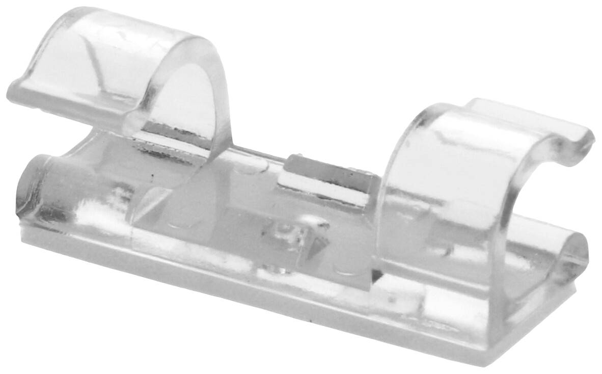 Pince de fixation transparente en plastique pour bandes LED, avec un design incurvé assurant une adhérence antidérapante sur les surfaces.