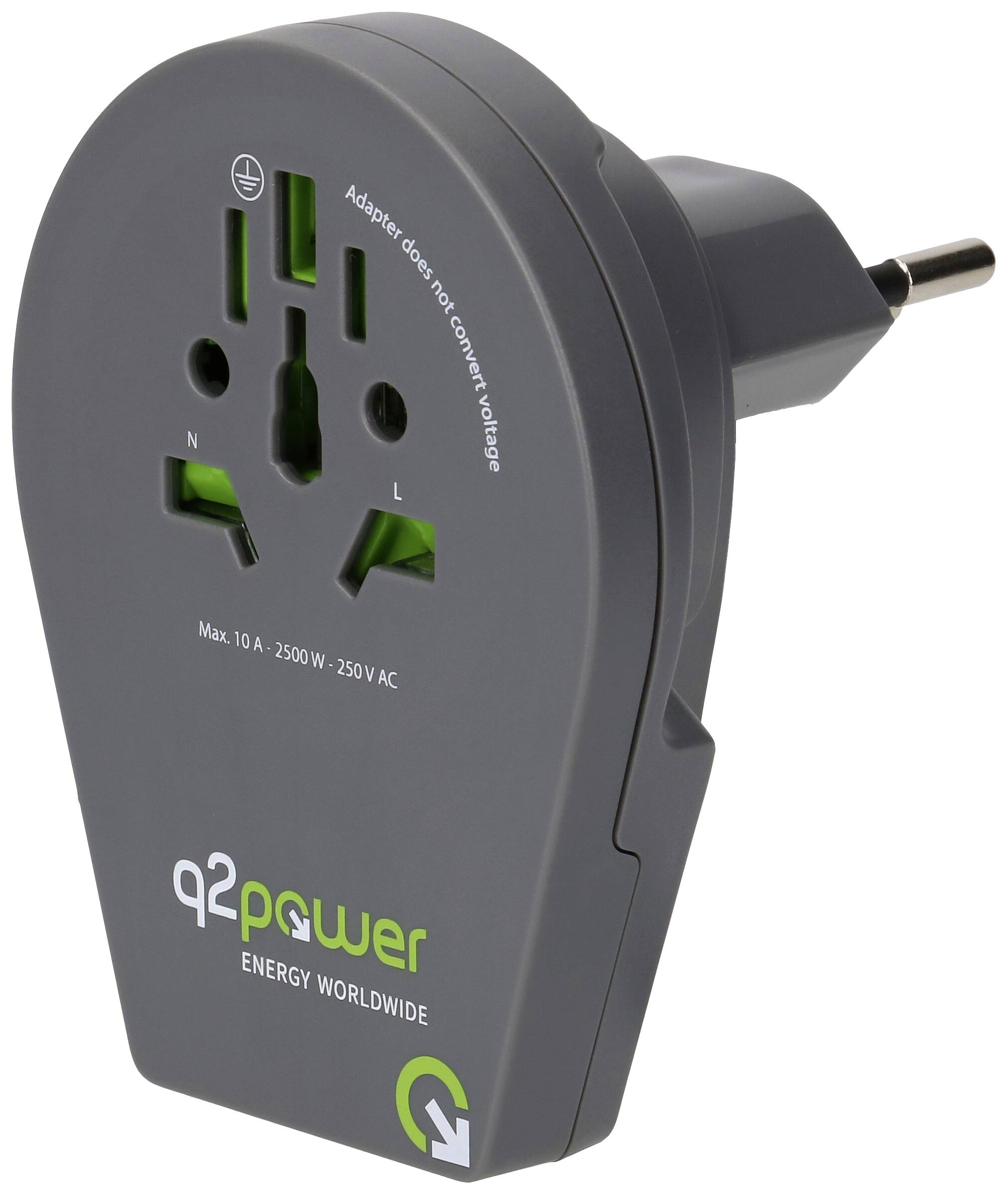 Un adaptateur de voyage gris avec plusieurs prises et une fiche européenne. Adapté à une utilisation mondiale, marque 'q2power'.