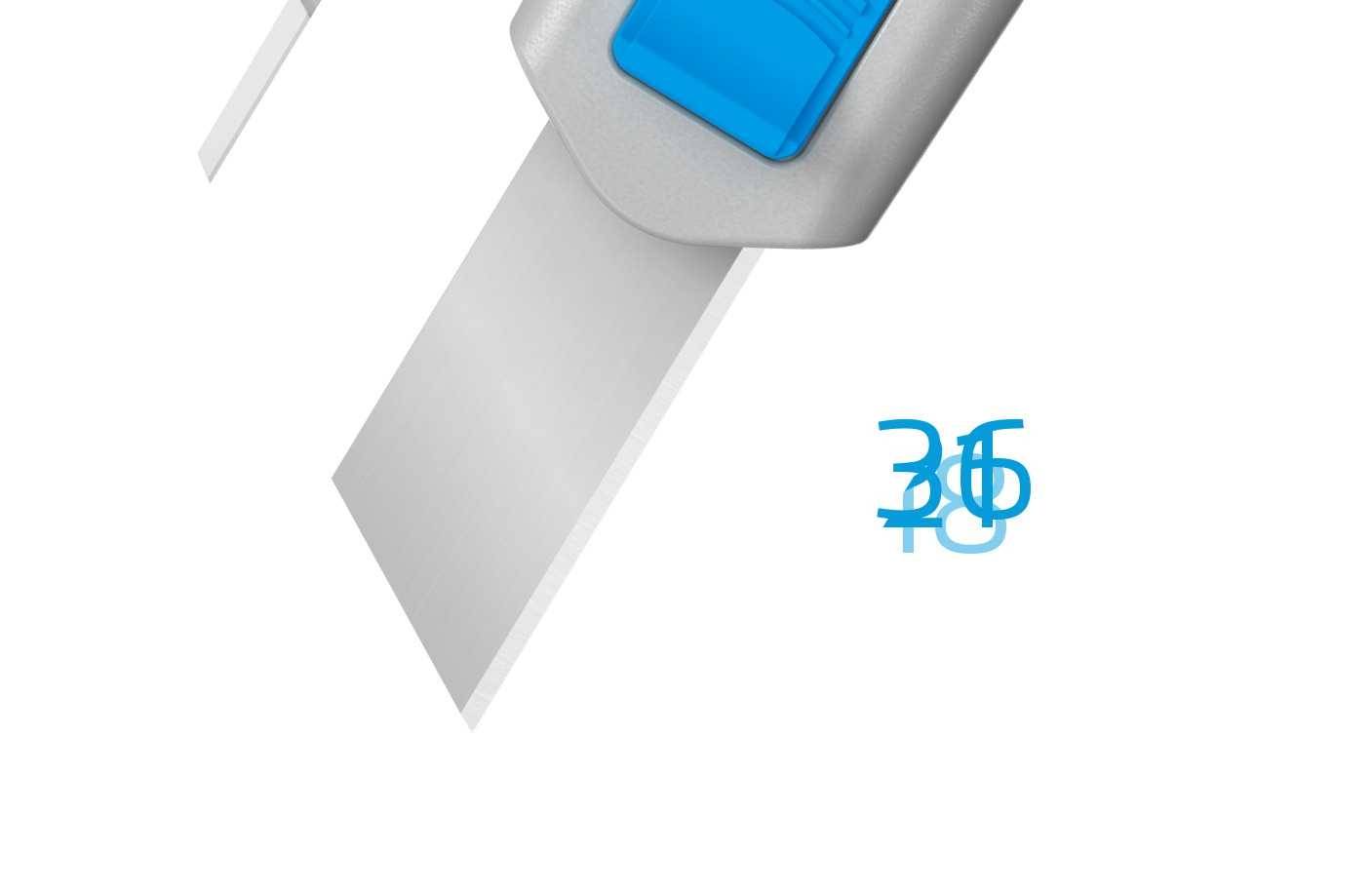 Un cutter argenté avec un mécanisme de coulissement bleu. À côté, en écriture bleue, '30 5'.
