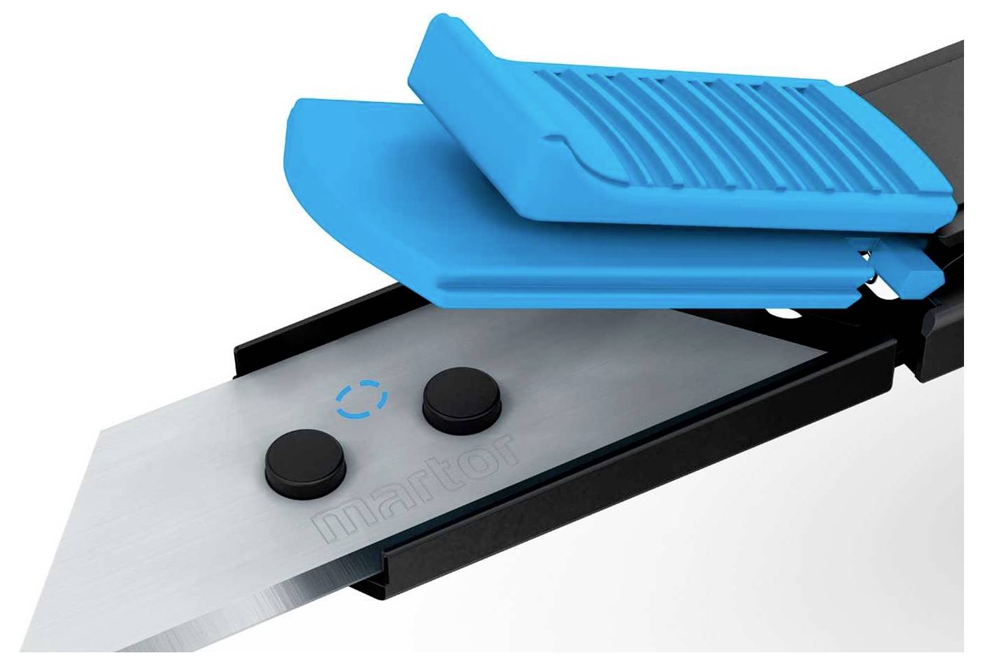 Un couteau de sécurité à lame rétractable avec dispositif de protection bleu.