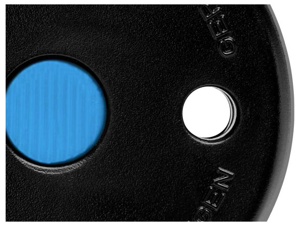 Un disque de poids noir avec un cercle intérieur bleu et un petit trou pour être fixé sur une barre d'haltère.