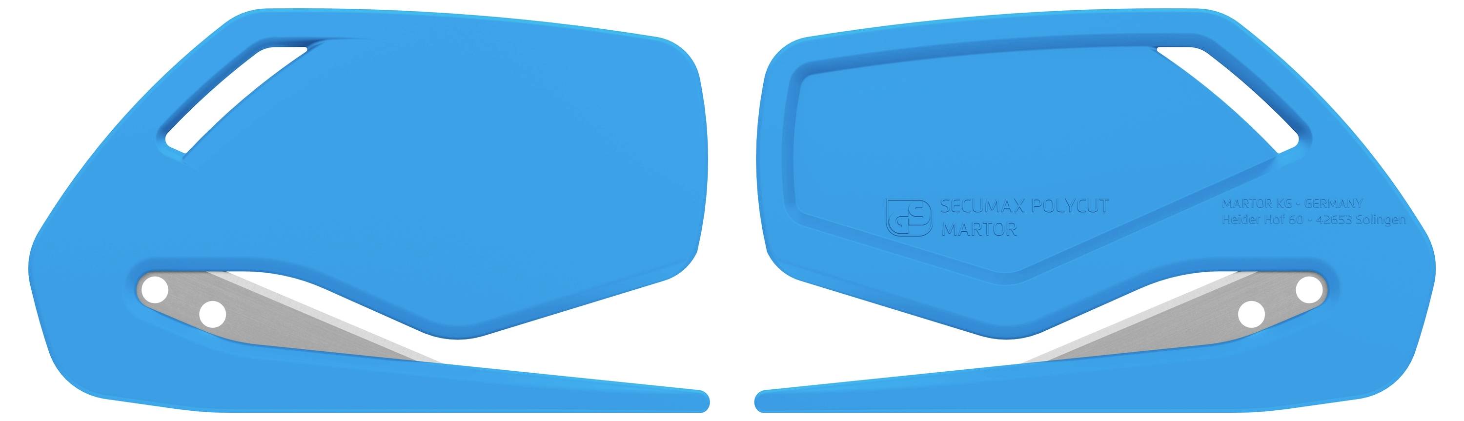 Un outil ergonomique bleu servant à ouvrir des emballages, équipé d'une lame métallique. À gauche, l'outil est ouvert, à droite il est fermé.