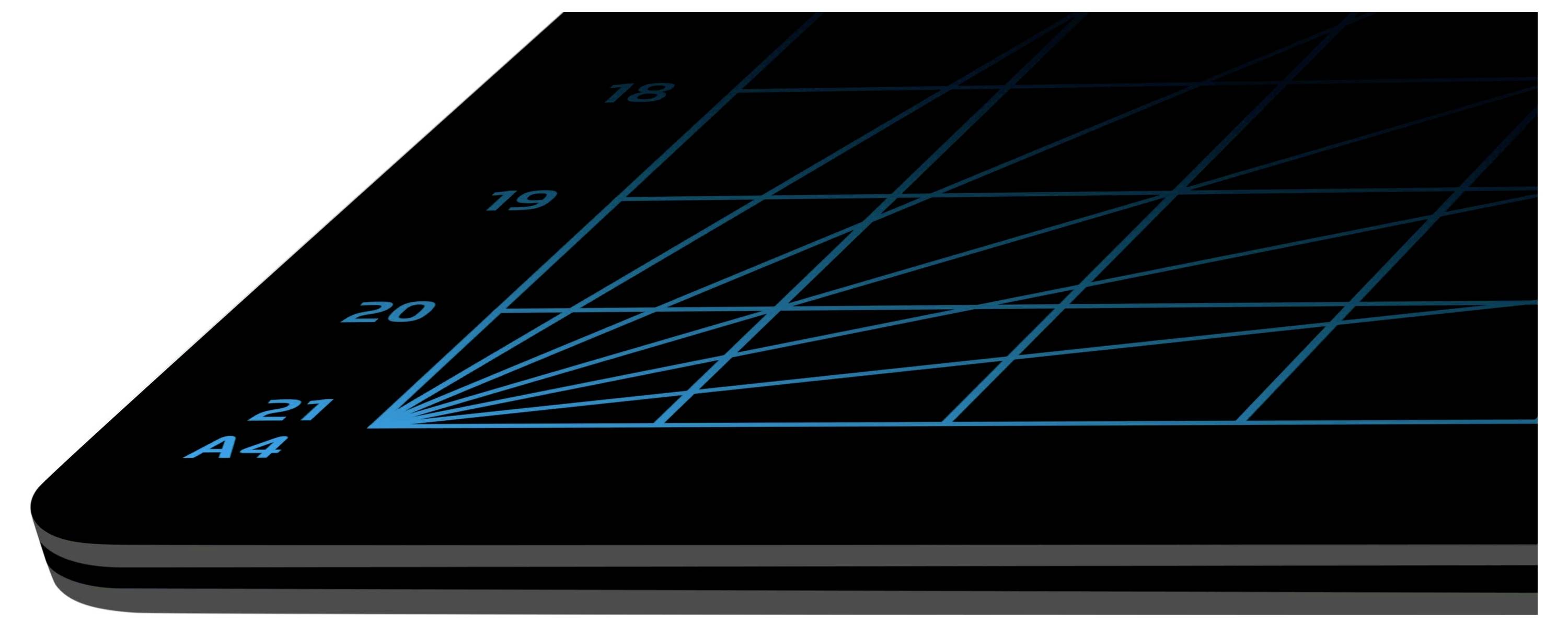 Une tablette noire sous un plateau de table sombre. Il y a des lignes de diagramme bleu lumineux, reliées à A4, 18, 19, 20 et 21.