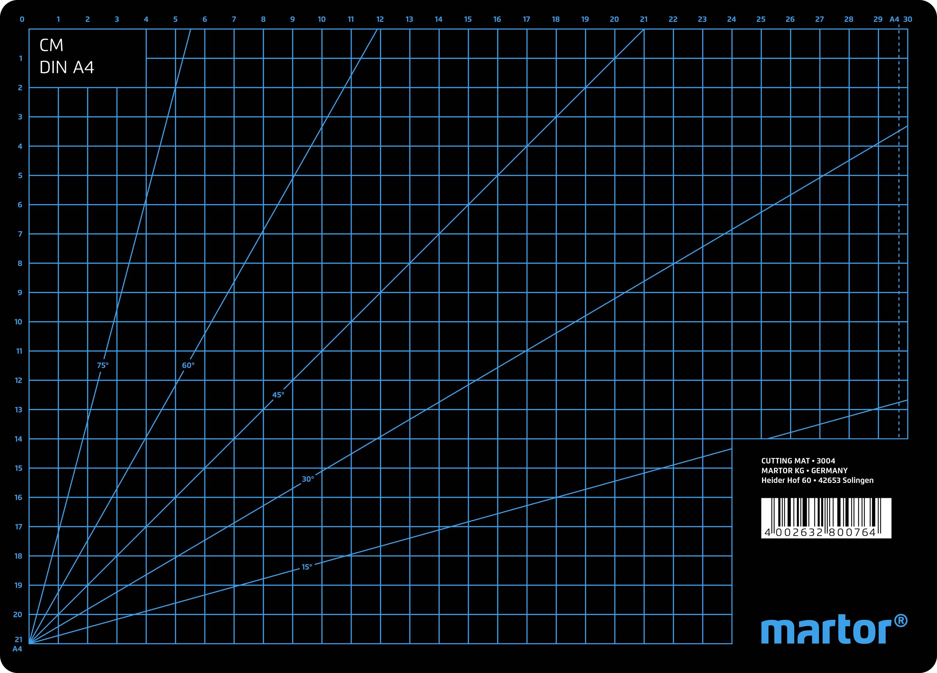 Planche de coupe avec lignes de quadrillage, indications de mesures et logo d'entreprise.