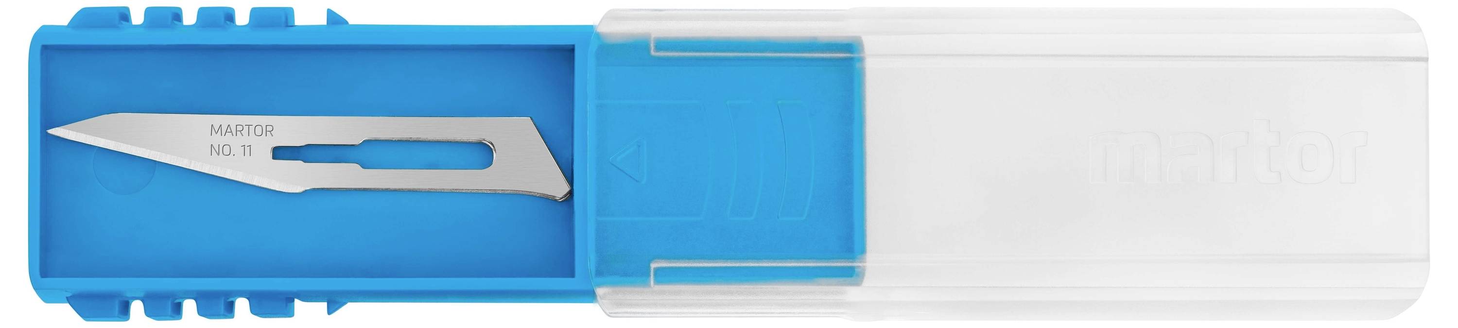 Un étui bleu contenant une lame chirurgicale 'MAJOR N° 11', visible à gauche de l'étui, avec un couvercle transparent à droite.