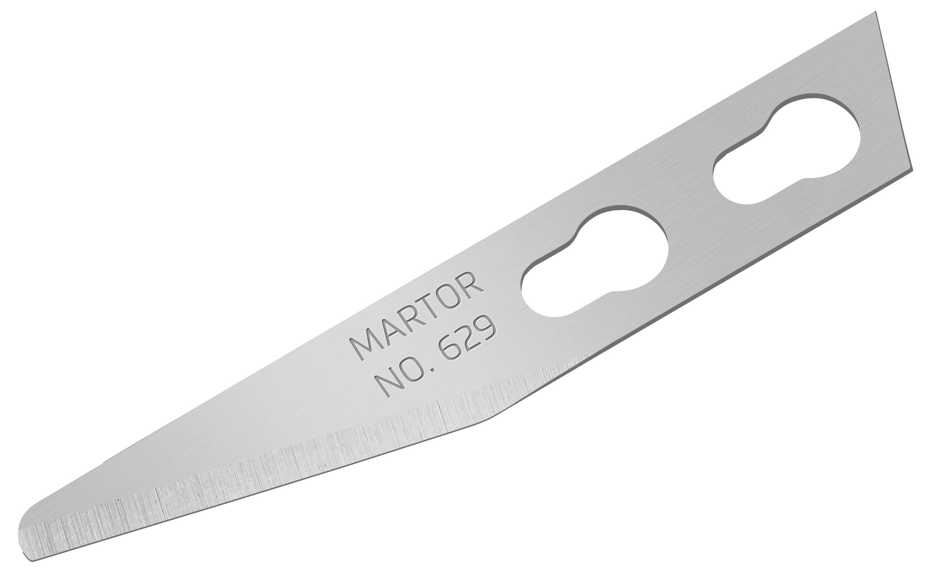 Lame métallique de forme allongée, avec deux échancrures ovales et l'inscription 'MARTOR NO. 629'.