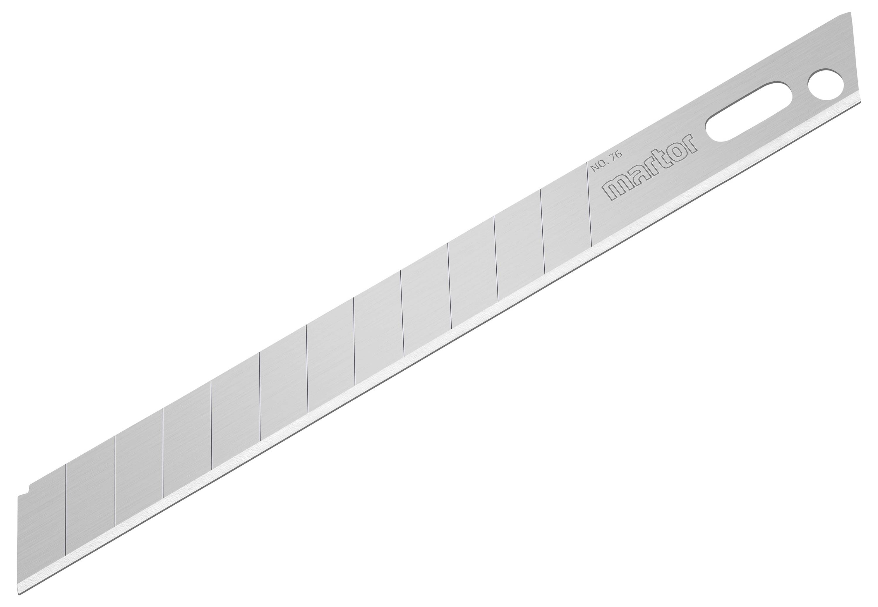 Couteau de rechange étroit et argenté avec plusieurs segments cassables, nom de marque 'martor' gravé, trou de suspension à l'extrémité.