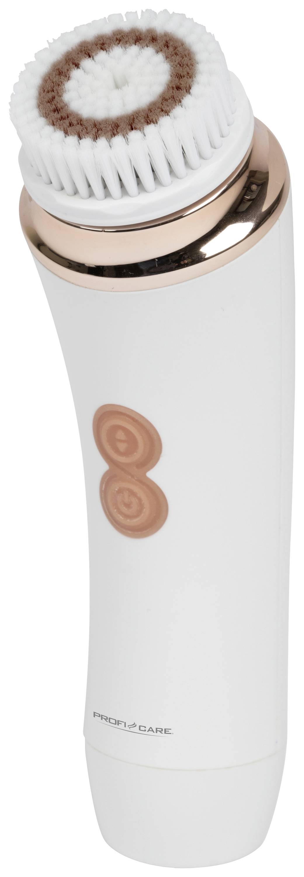 Un appareil électrique de nettoyage du visage avec une tête de brosse blanche et un accent or rose. Idéal pour les soins quotidiens de la peau.
