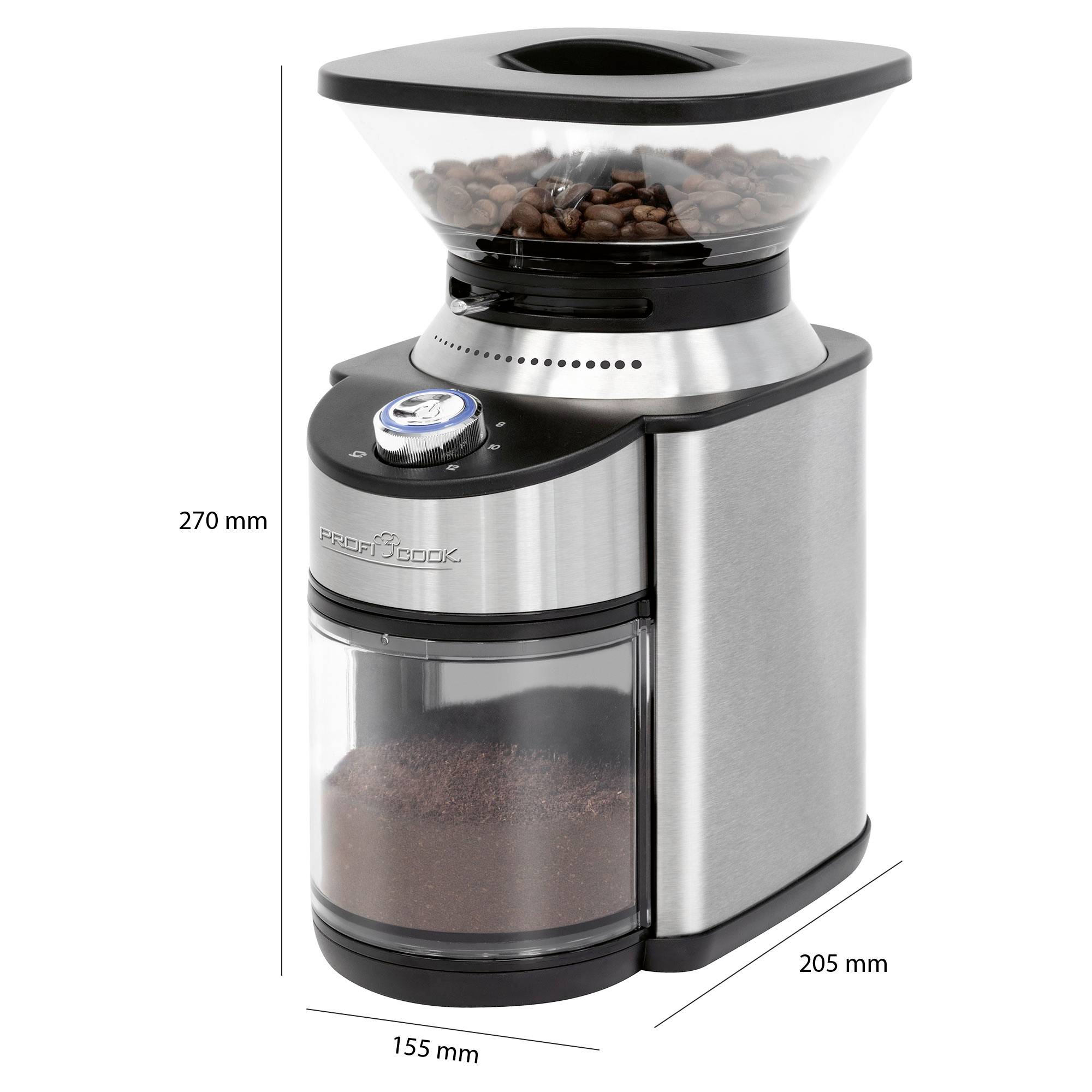 Moulin à café en acier inoxydable, rempli de grains de café en haut et de café moulu en bas. Dimensions : 270 mm de hauteur, 205 mm de profondeur, 155 mm de largeur.