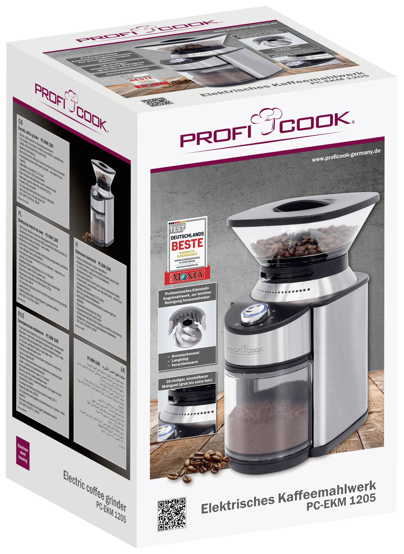 Moulin à café électrique 'ProfiCook PC-EKM 1205' avec aspect inox, illustré sur l'emballage avec des distinctions et des détails techniques.