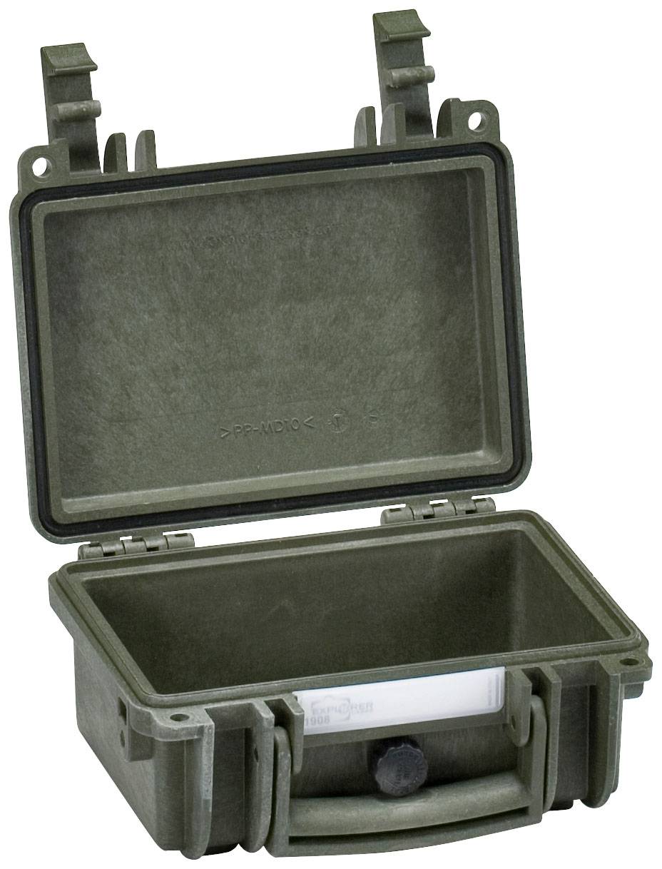 Boîte en plastique vert robuste, ouverte et vide, avec des clips de verrouillage, adaptée au transport et à la protection sécurisés d'objets.