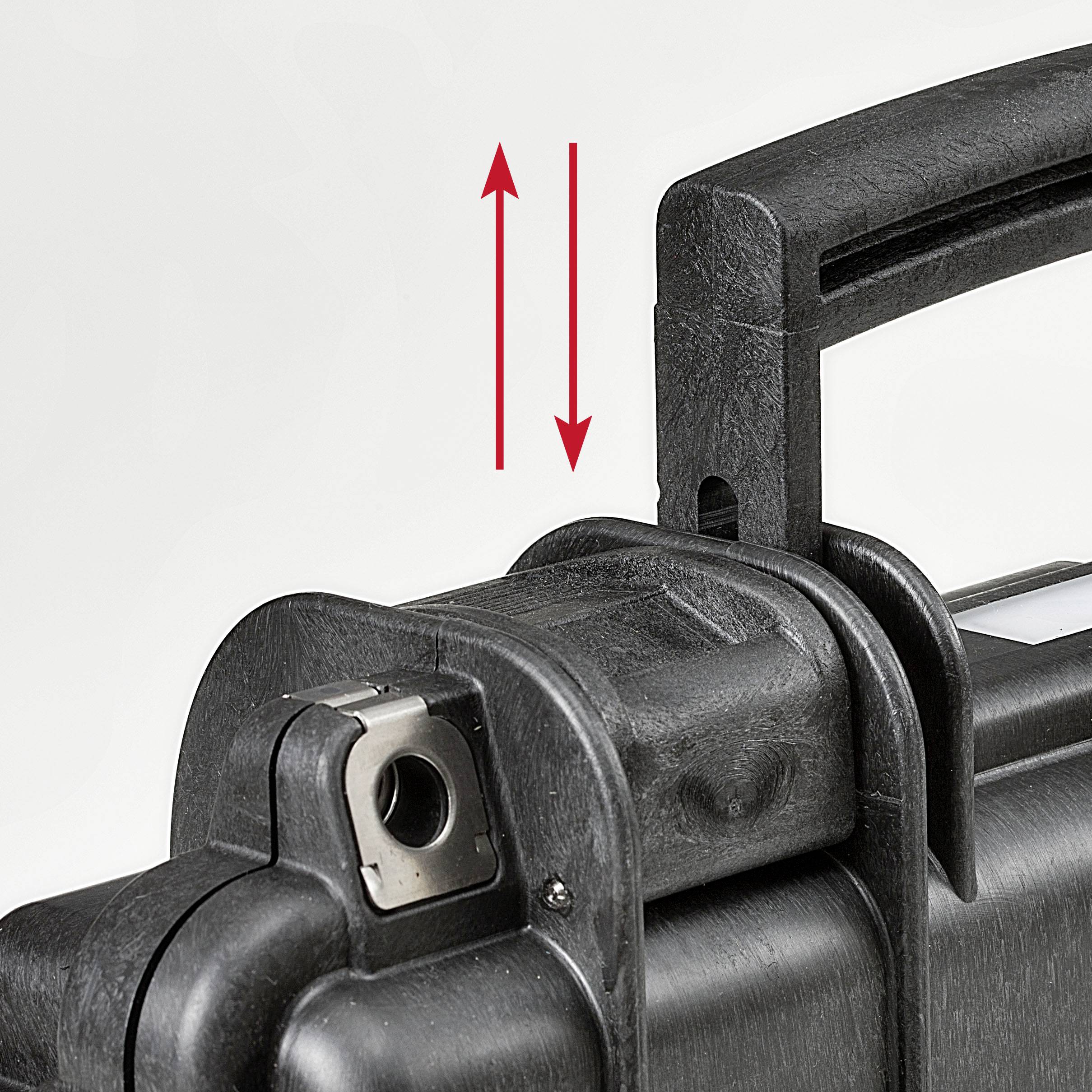 Une poignée de valise noire avec une flèche rouge pointant vers le haut et vers le bas, illustrant probablement un mécanisme de réglage en hauteur.