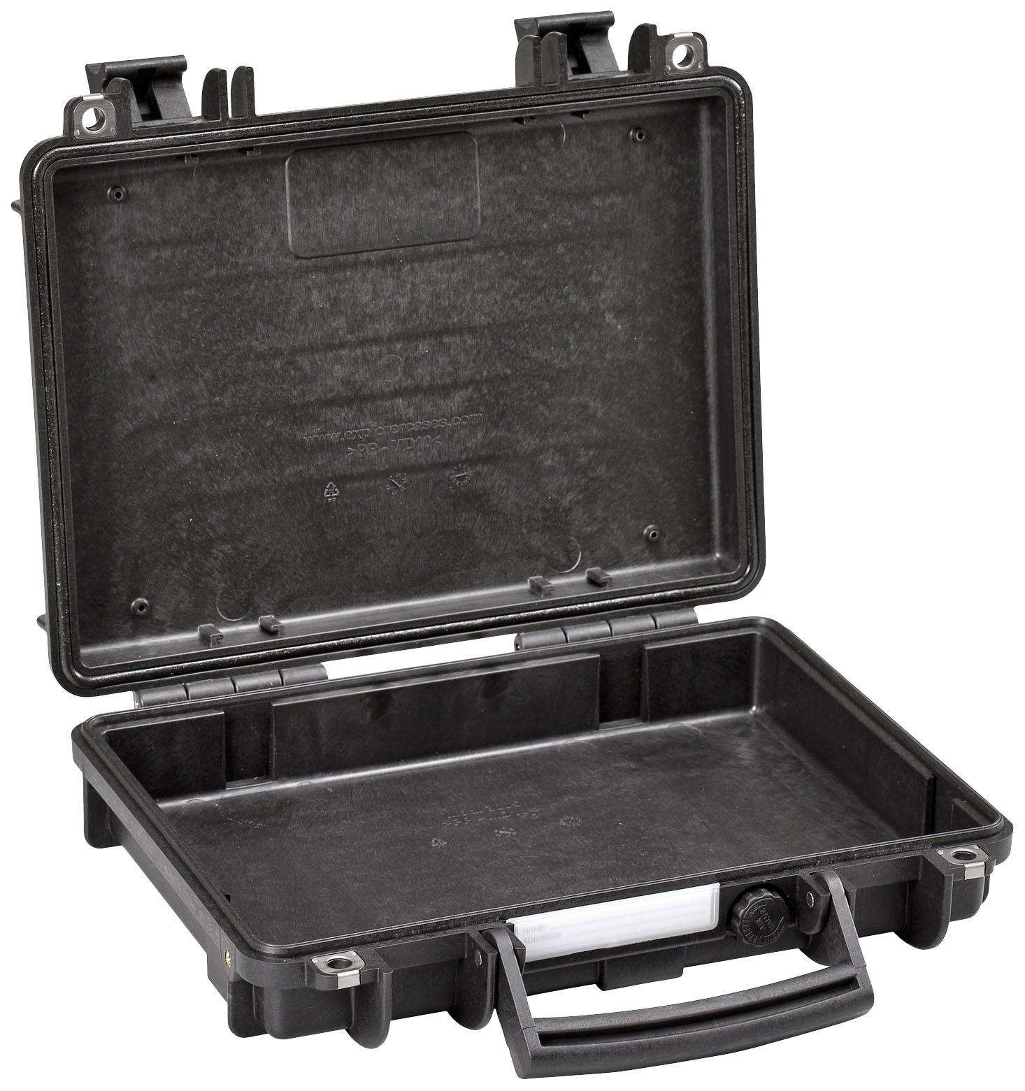 Valise en plastique noir, ouverte, avec poignée et fermetures robustes, intérieur vide, adaptée au transport sécurisé d'objets.