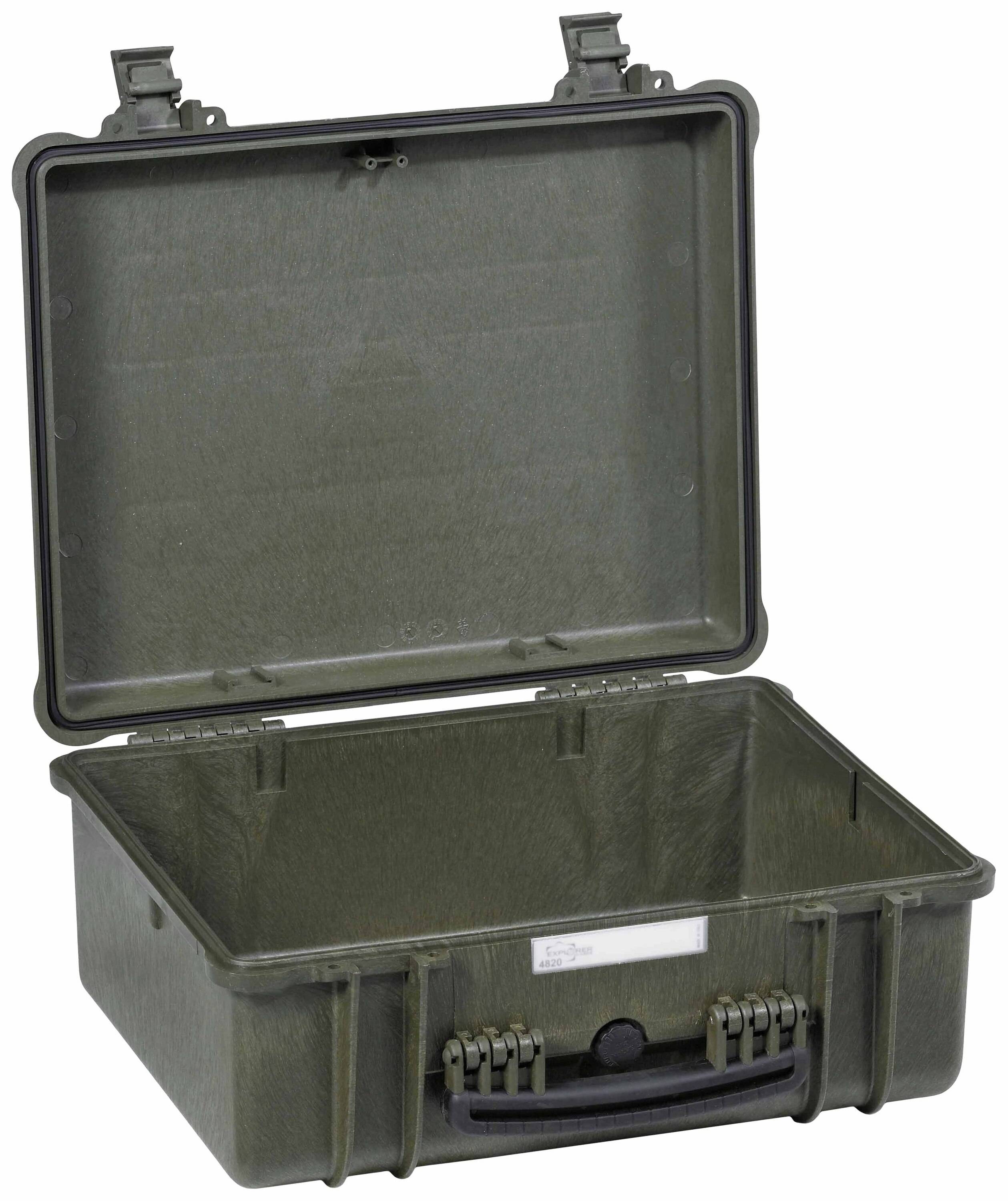 Une valise verte ouverte, vide, avec des fermoirs et une poignée, adaptée au rangement sécurisé d'objets fragiles.