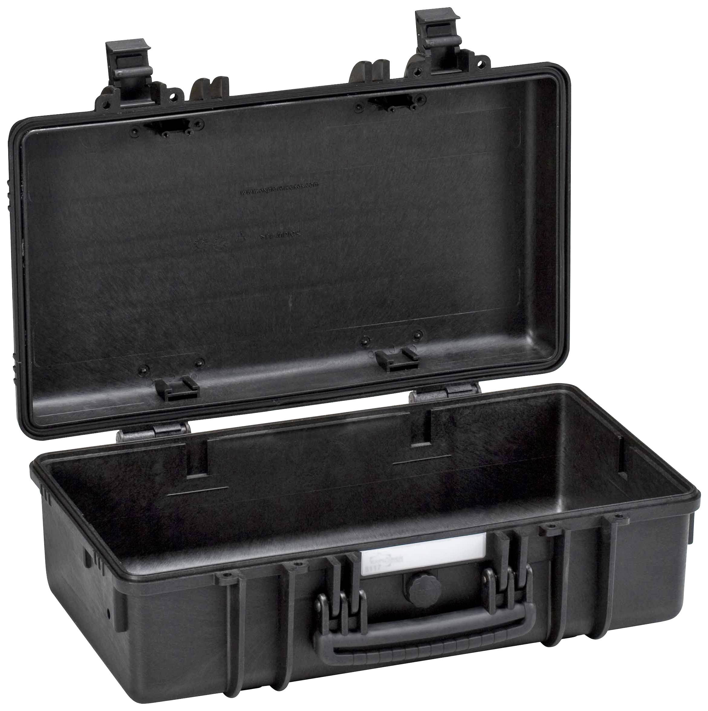 Valise rigide noire, ouverte, vide, avec des fermoirs robustes. Idéale pour le transport sécurisé d'objets fragiles.