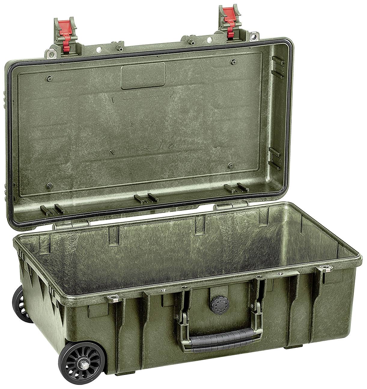 Robuste valise de transport verte avec couvercle ouvert, deux roues et une poignée. Idéale pour protéger et transporter du matériel délicat.