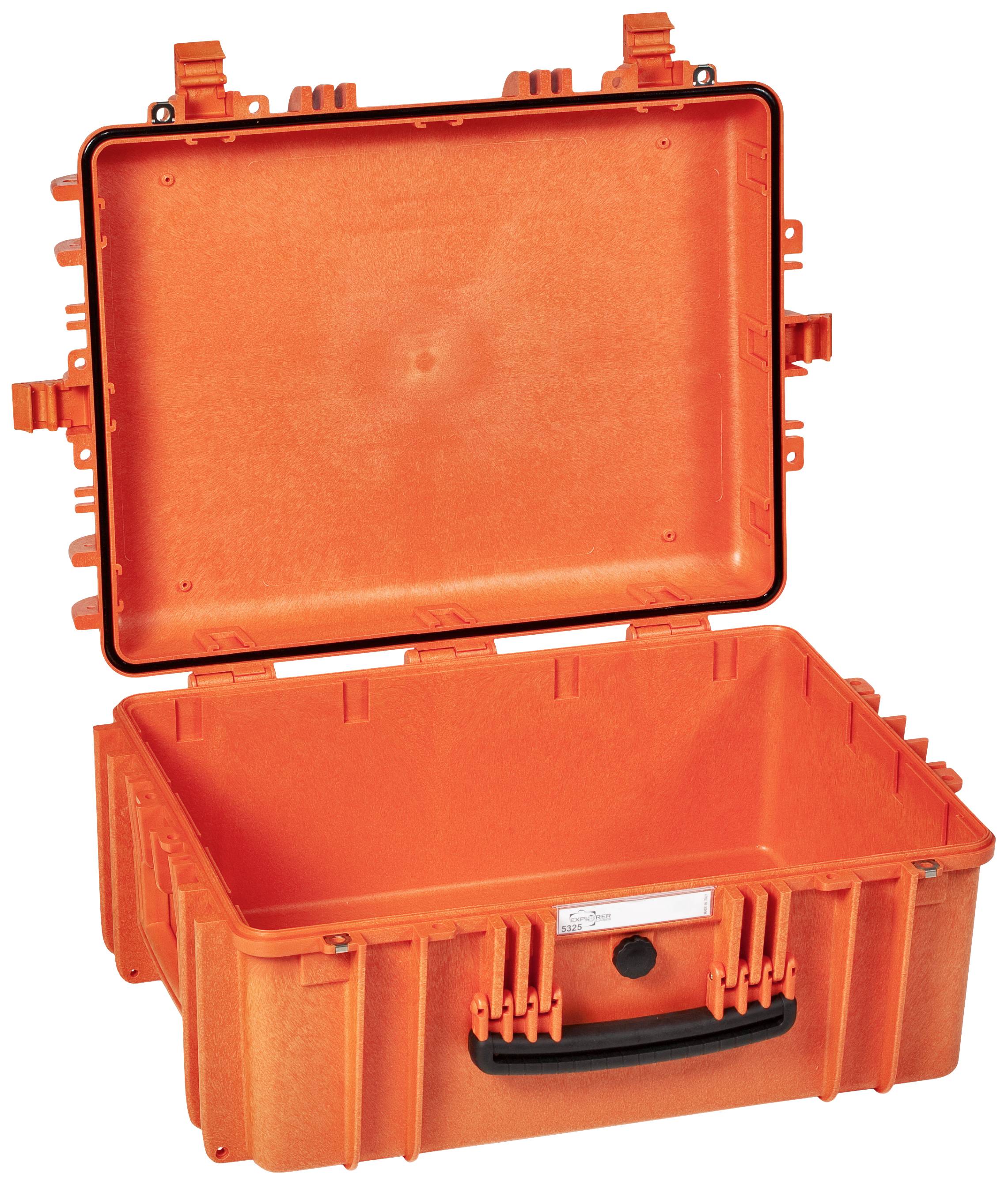 Valise rigide orange ouverte avec une poignée noire, adaptée au stockage et au transport sécurisé d'objets délicats.