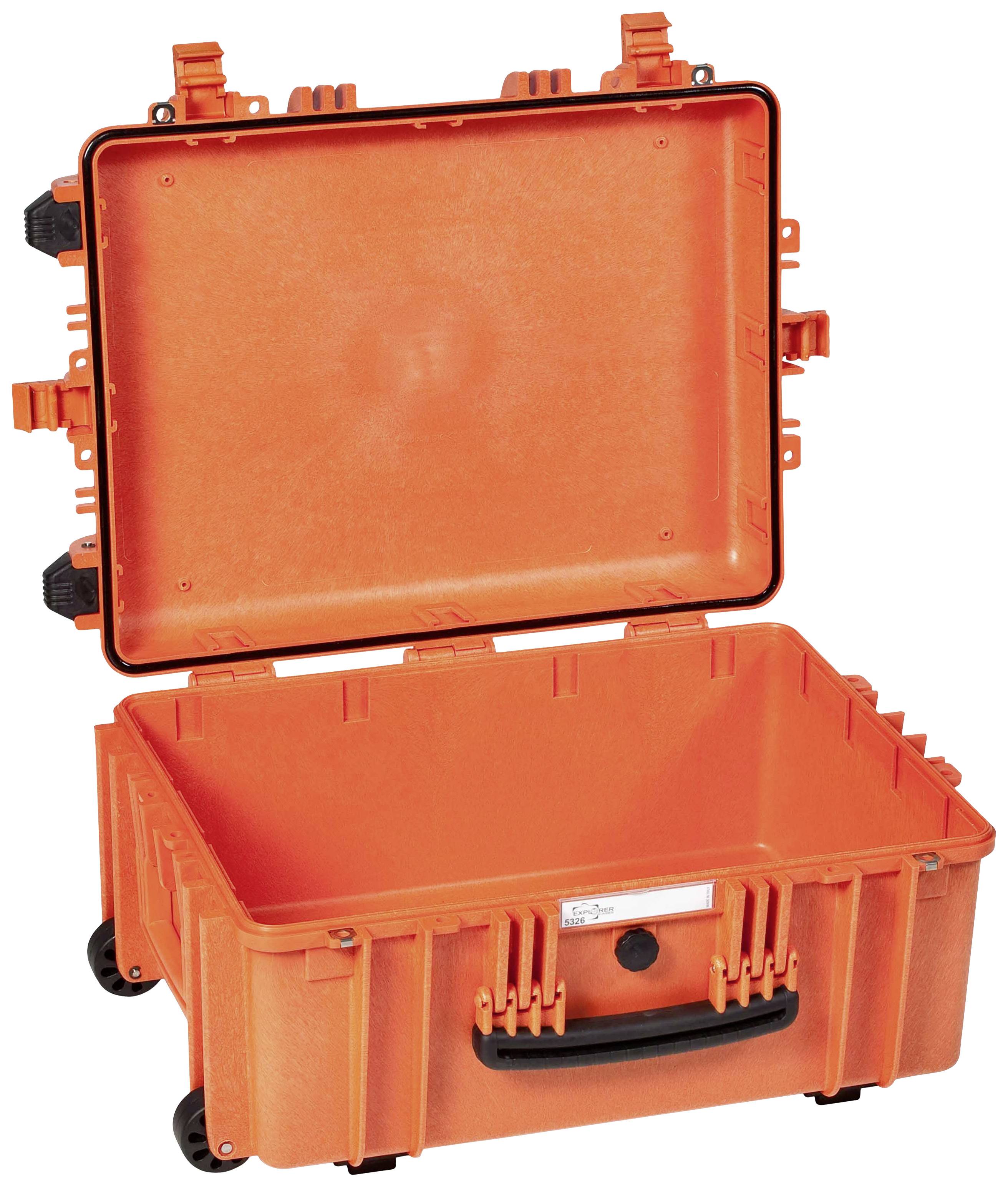 Valise de protection orange, robuste, avec couvercle ouvert et poignée noire, adaptée au transport sécurisé d'équipements sensibles.