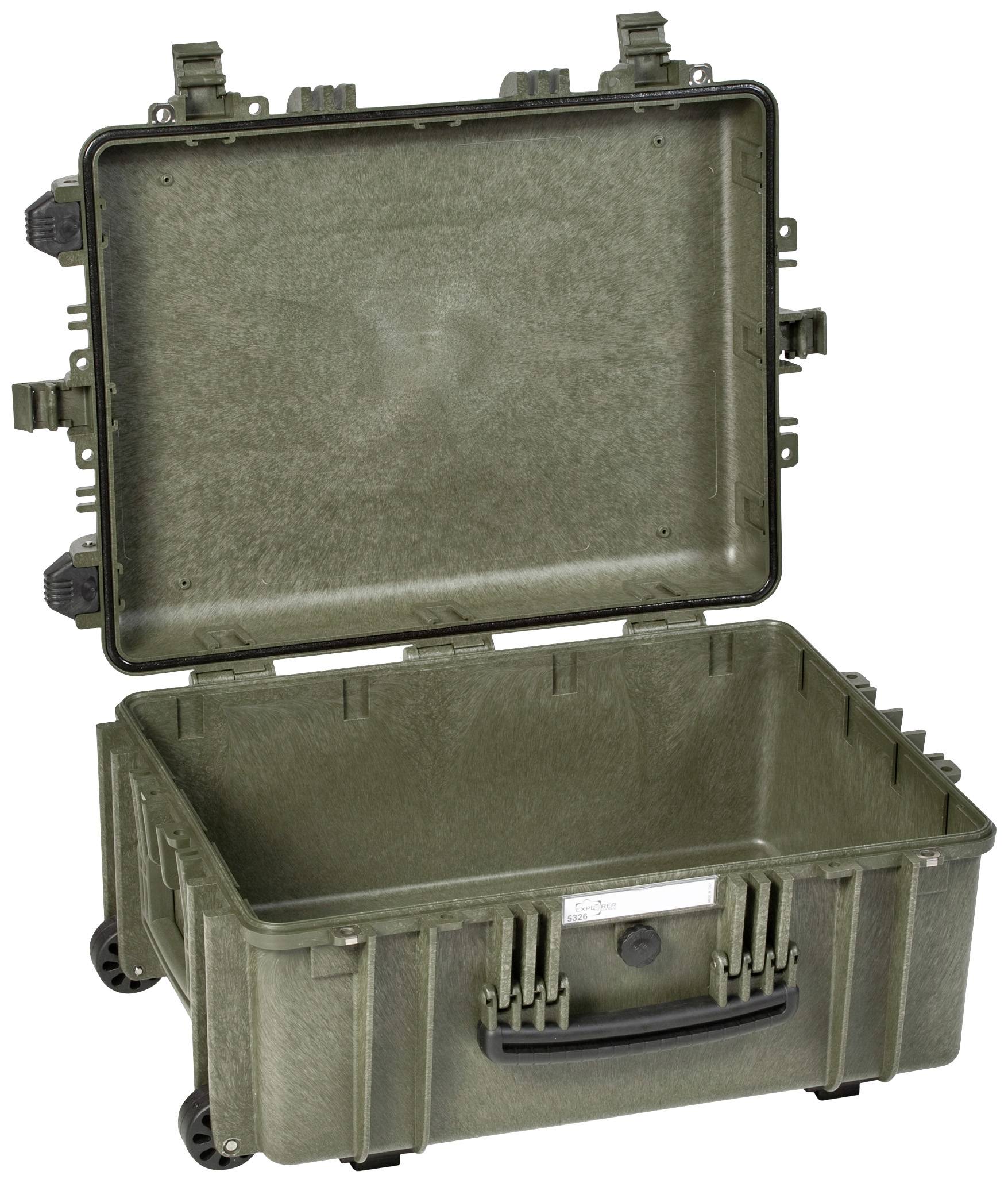 Valise de transport robuste, vert olive, ouverte, avec roues. Idéale pour le transport sécurisé d'équipements sensibles.