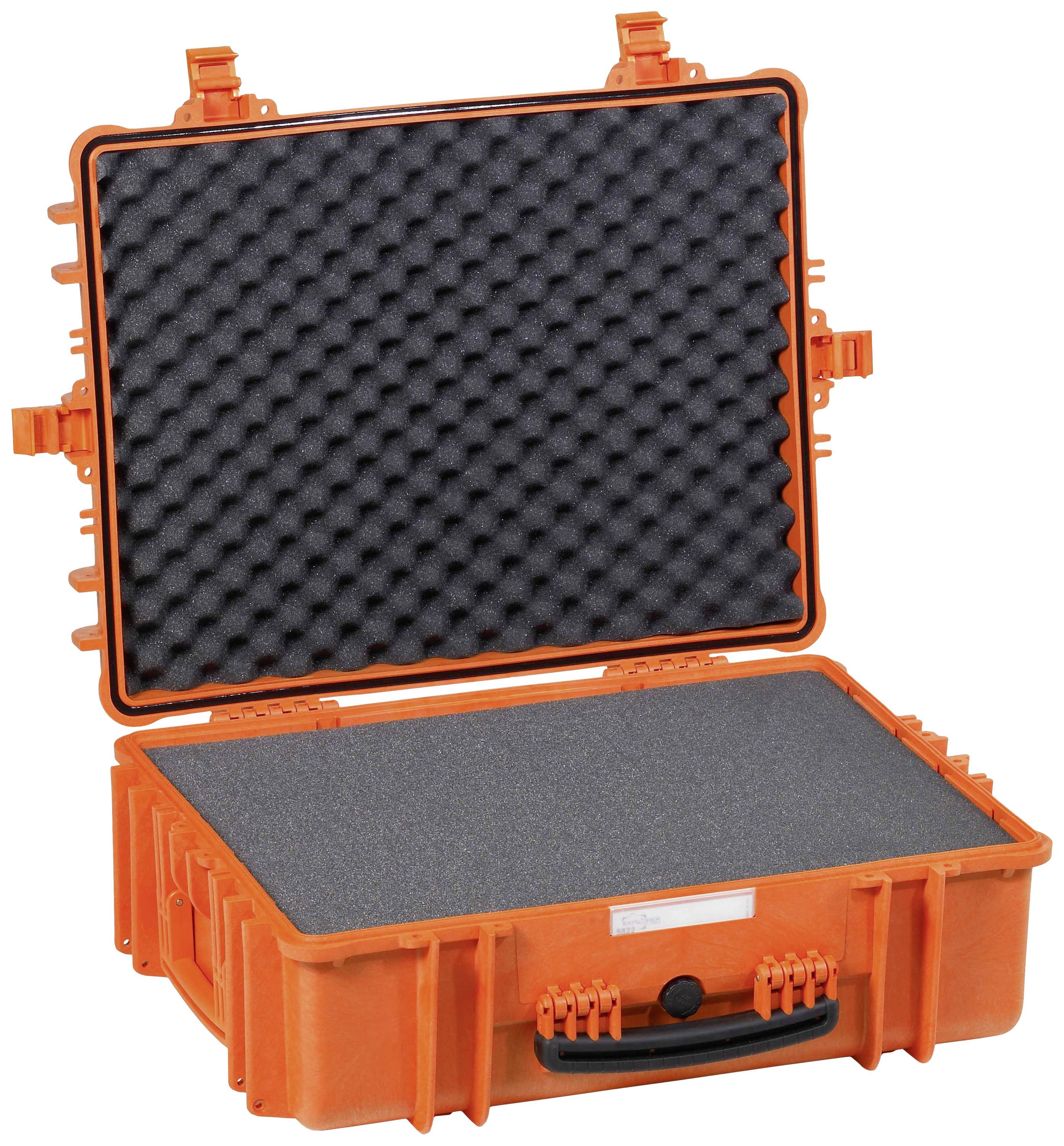 Valise orange avec couvercle ouvert, montrant un intérieur en mousse noire pour le rangement sécurisé d'objets fragiles.