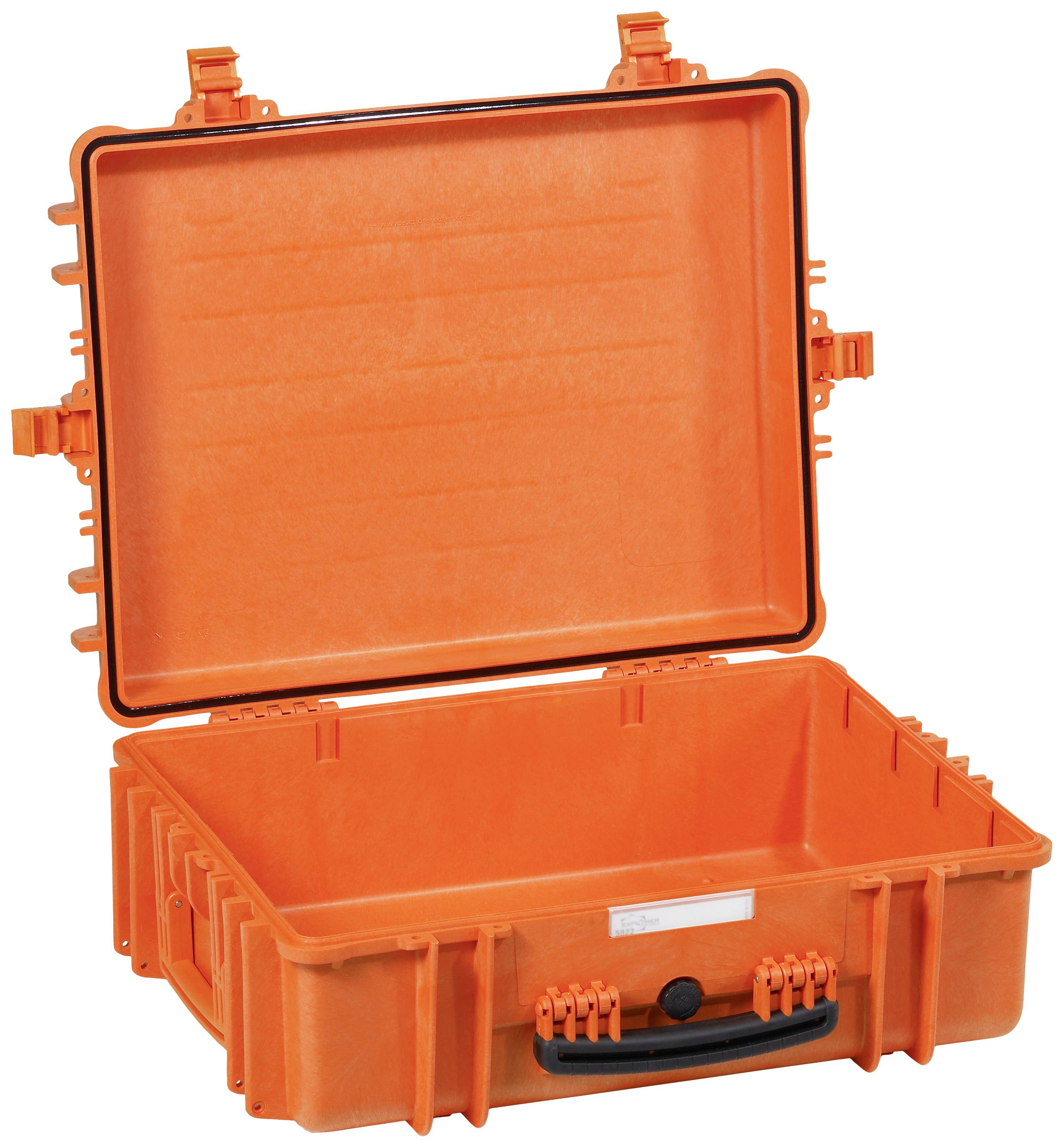 Valise de protection en plastique orange, robuste, à couvercle ouvert, adaptée au transport d'équipements sensibles.