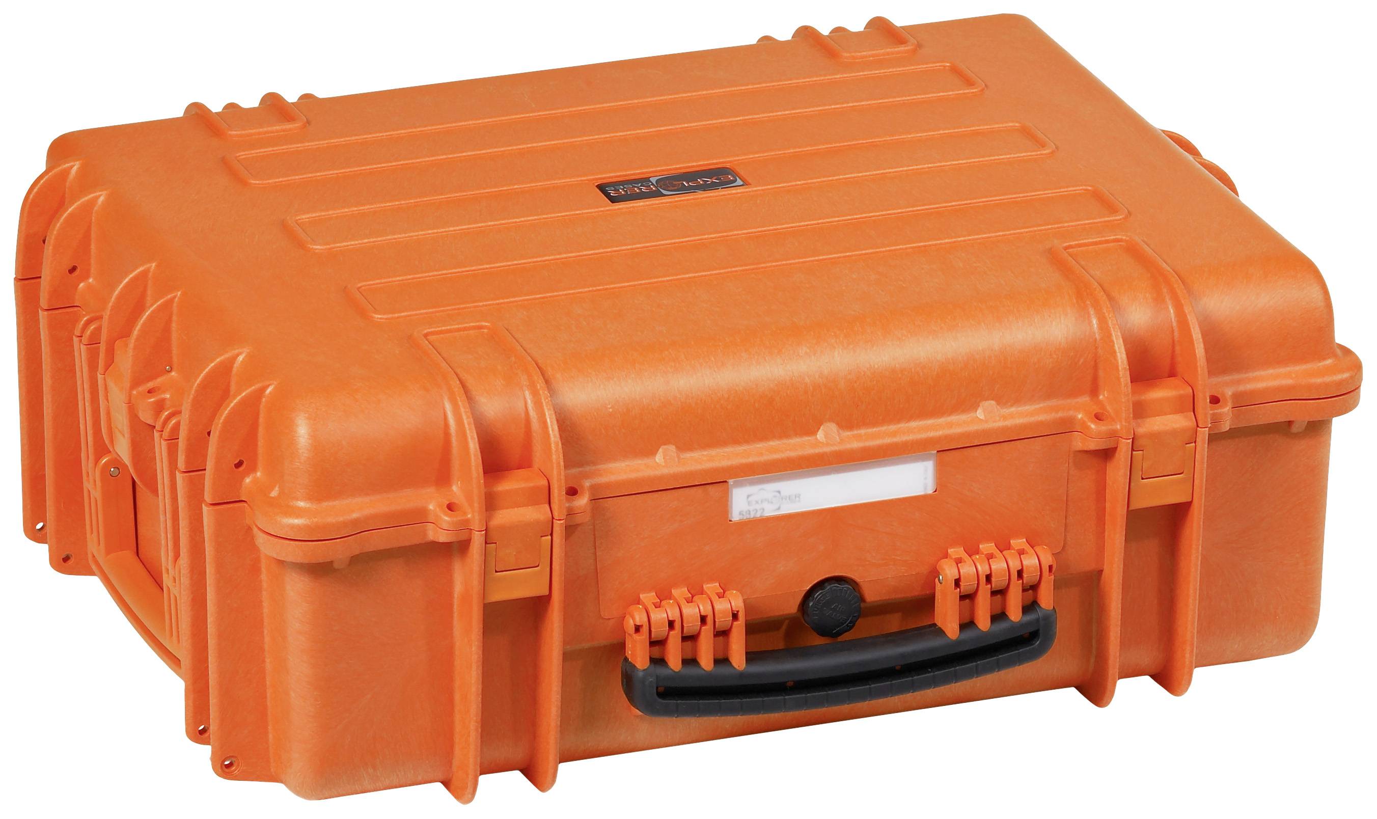 Un grand étui de protection orange avec une poignée robuste et des rainures d'empilage, adapté au transport sécurisé d'objets fragiles.