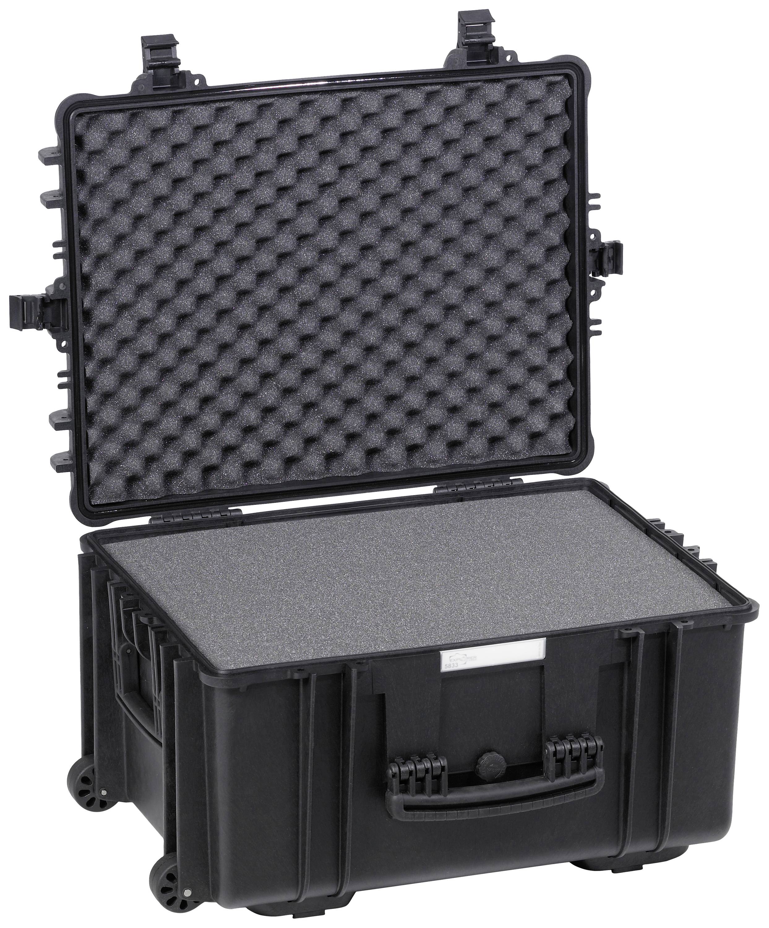 Valise de protection noire avec couvercle ouvert, intérieur capitonné de mousse pour protéger les objets fragiles. Idéale pour le transport.