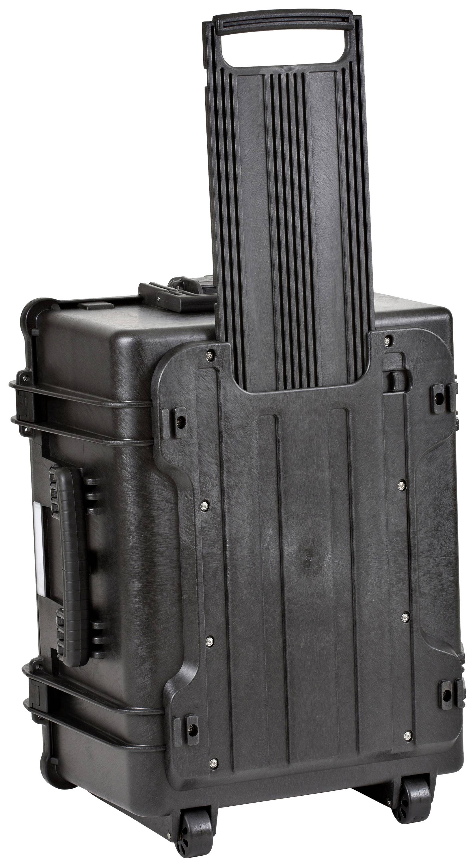 Une valise rigide noire, robuste, dotée d'une poignée télescopique et de roues, adaptée au transport d'équipements sensibles.