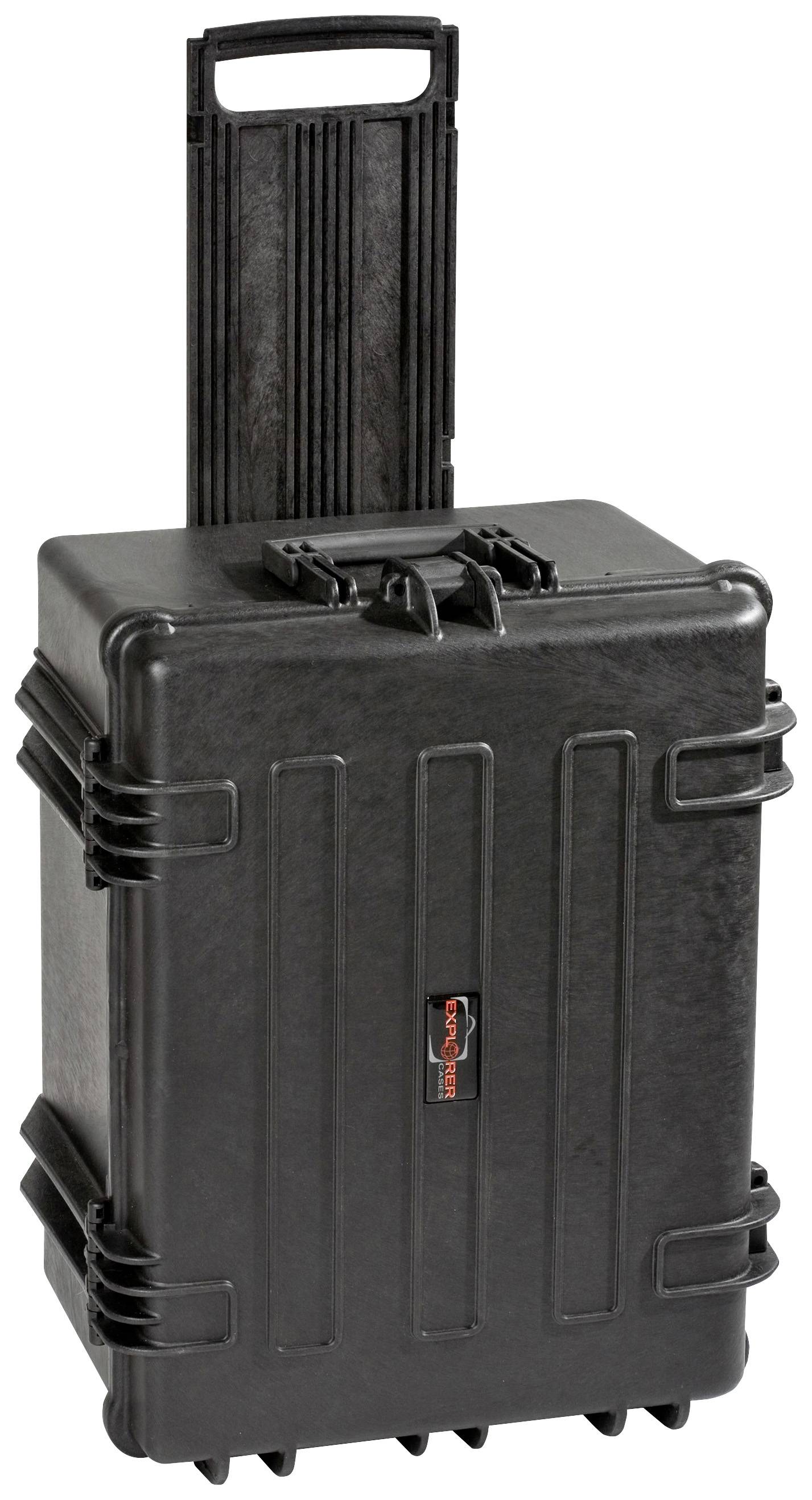 Valise à roulettes noire, robuste, avec poignée télescopique et boucles de sécurité, conçue pour protéger un équipement délicat.