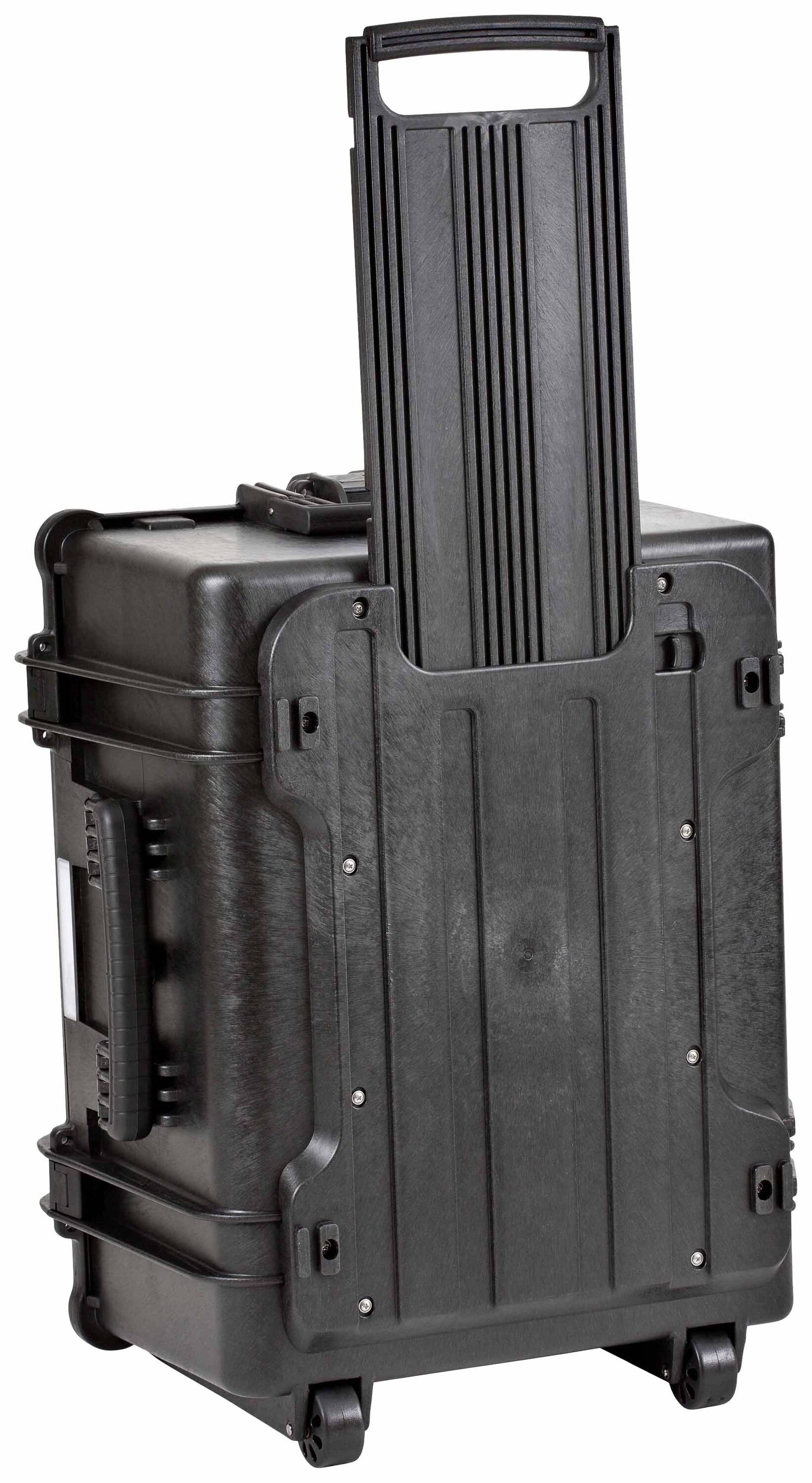 Une valise à roulettes noire, robuste, avec une poignée télescopique et des roues, adaptée au transport sécurisé d'appareils délicats.