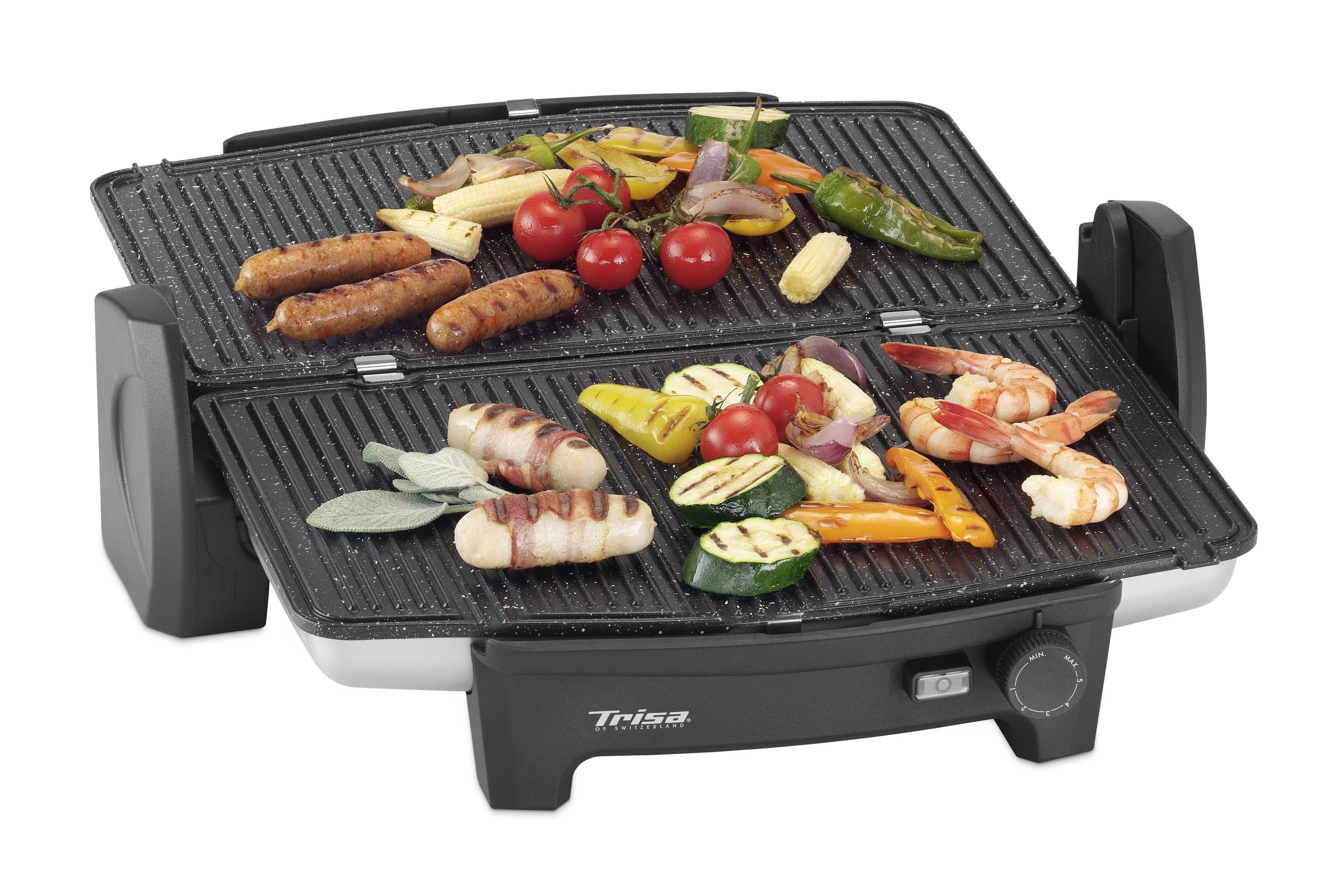 Un grill électrique avec surface de cuisson ouverte. Divers aliments à griller : saucisses, légumes et crevettes. Idéal pour griller à l'intérieur.