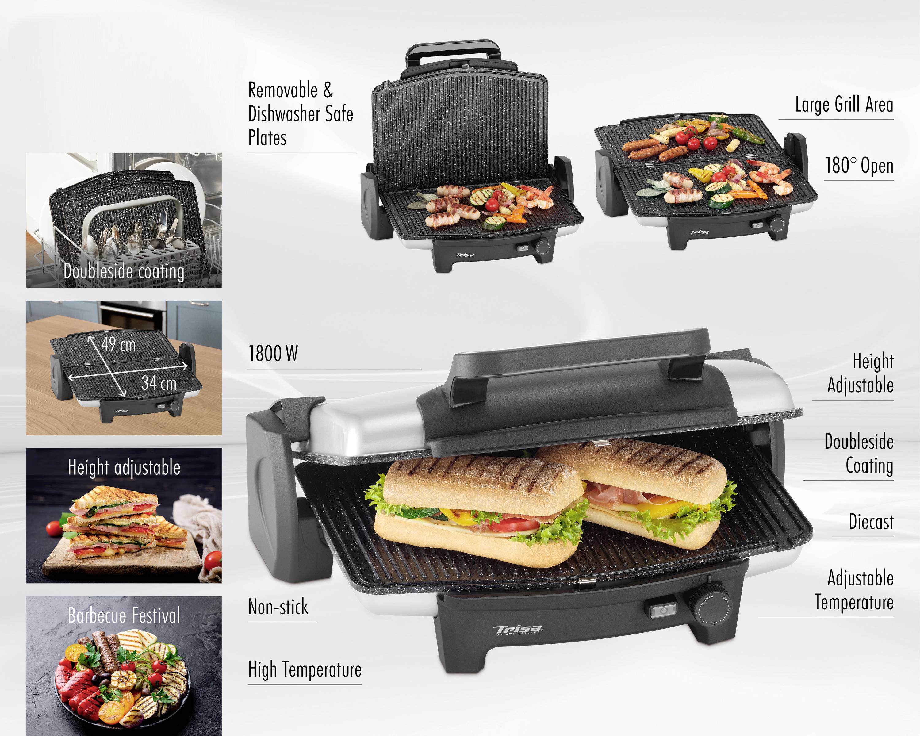 Un grill de contact avec de grandes surfaces de grillade, des plaques amovibles et lavables au lave-vaisselle. Hauteur réglable, s'ouvrant à 180°, puissance de 1800 W. Idéal pour les sandwichs et les plats grillés.