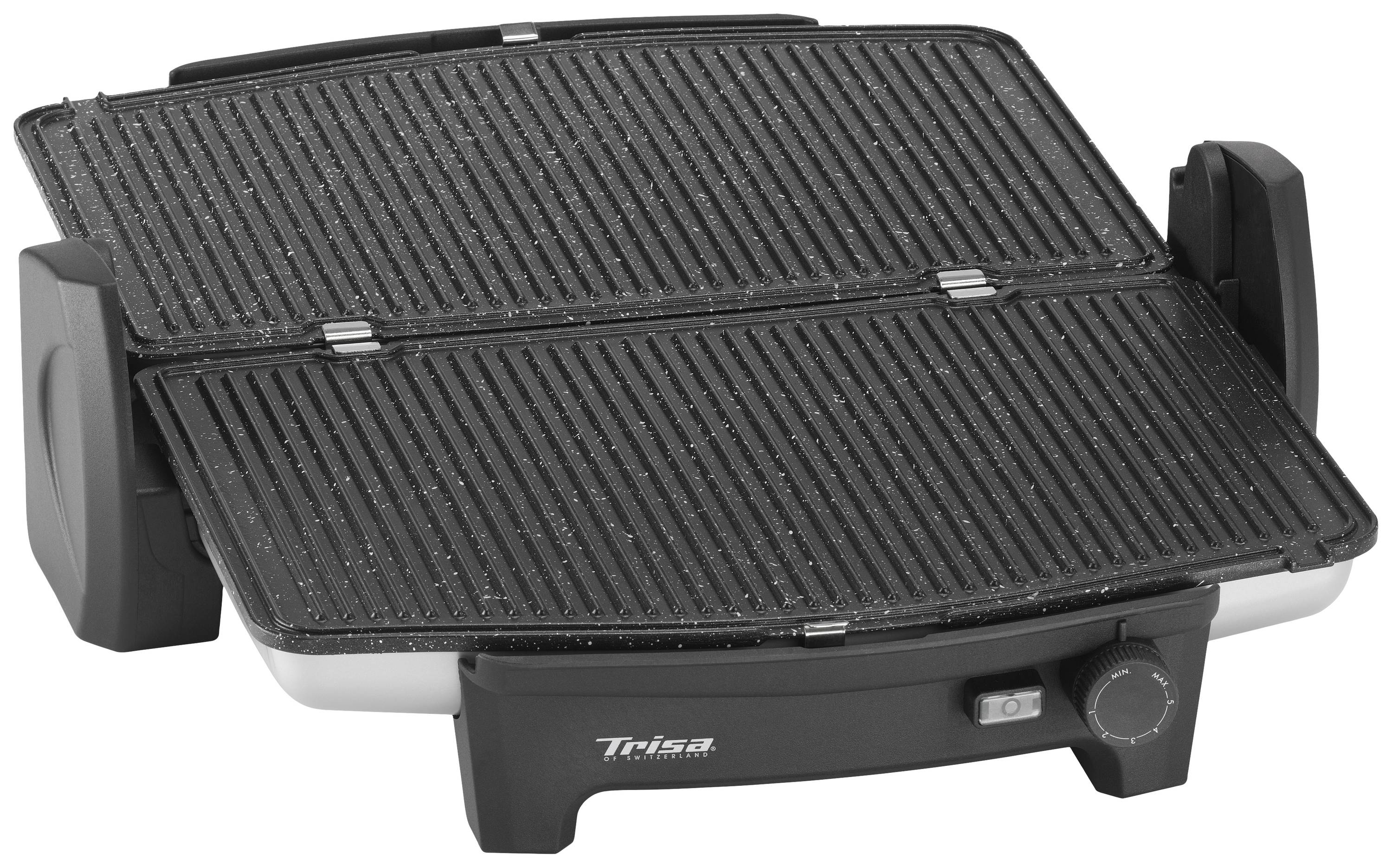 Grill de table électrique avec surface de cuisson striée, régulateur de température et interrupteur marche-arrêt sur l'avant.