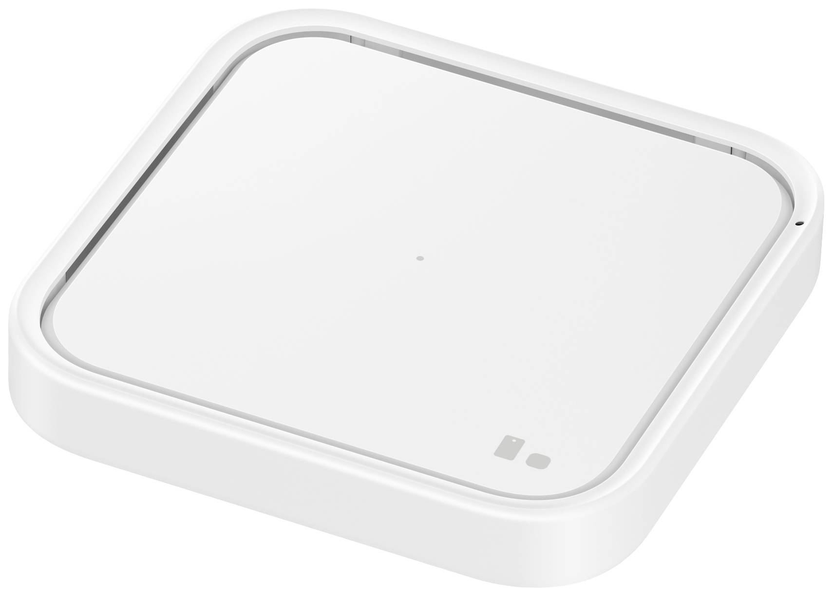 Un chargeur sans fil blanc, carré avec des coins arrondis. Il présente une surface lisse et est conçu pour charger des appareils de manière sans fil.