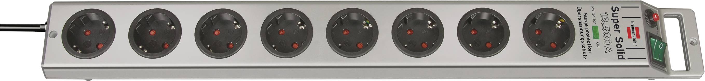Une barre d'alimentation horizontale avec six prises noires et un bouton d'alimentation rouge à droite, vue de dessus.