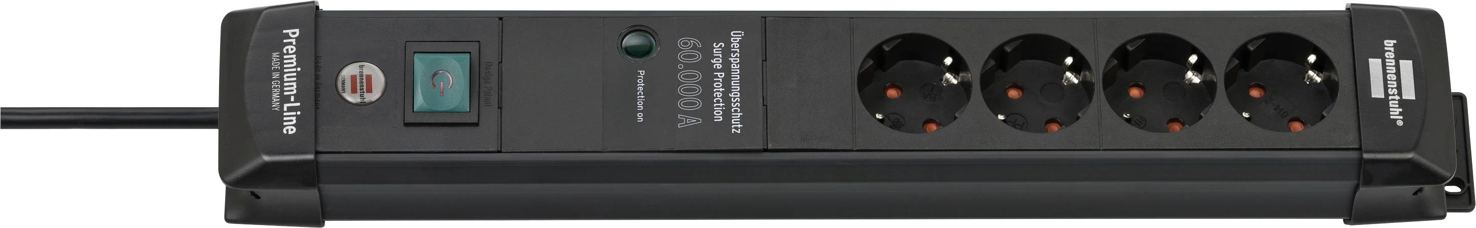 Bloc d'alimentation noir avec six prises et interrupteur principal marche/arrêt illuminé, étiqueté Ligne professionnelle avec courant maximal de 4000 A.