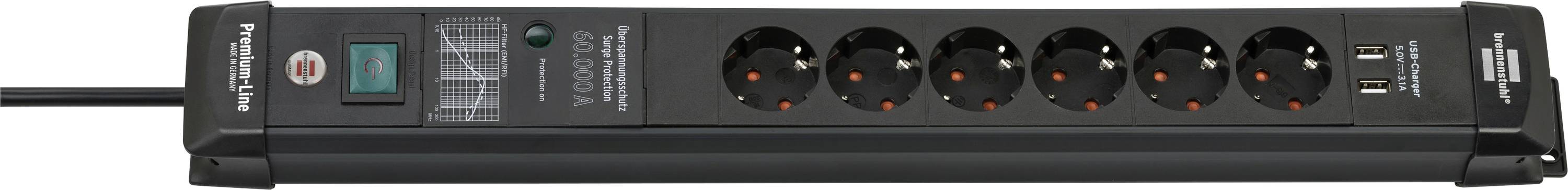 Rallonge noire avec parafoudre, huit prises et deux ports USB, avec un long cordon attaché sur le côté gauche.