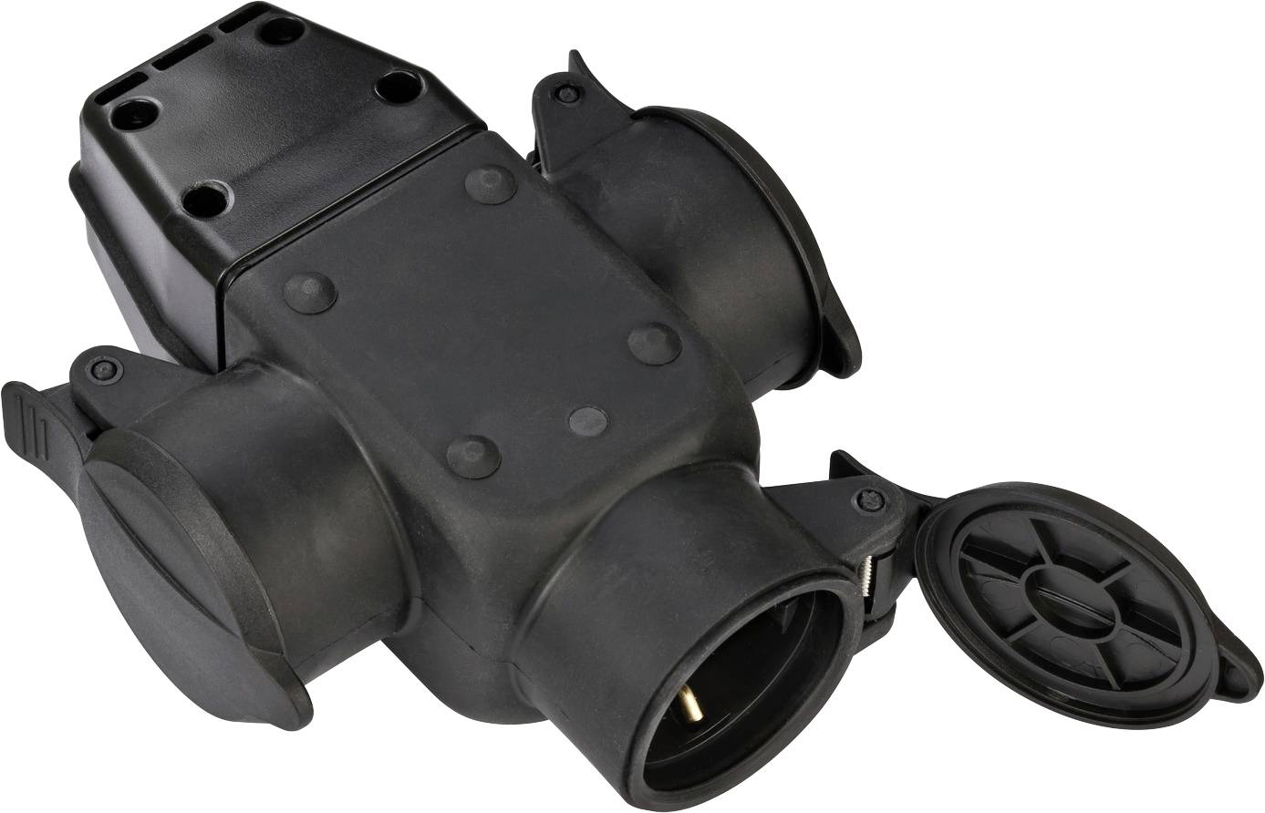 Boîtier électrique de jonction en plastique noir avec plusieurs ports de câble circulaires et un couvercle à charnière, présenté isolé sur fond blanc.