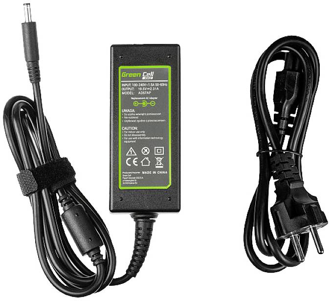 Bloc d'alimentation avec câble et fiche UE, modèle 'Green Cell AD5027', entrée 100-240V~1,6A. Contient des informations de sécurité et de fabrication.