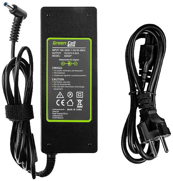 Bloc d'alimentation avec câble. L'étiquette indique : Entrée : 100-240V, Sortie : 19V, 4.74A. Nom de marque 'Green Cell', pays d'origine Chine.