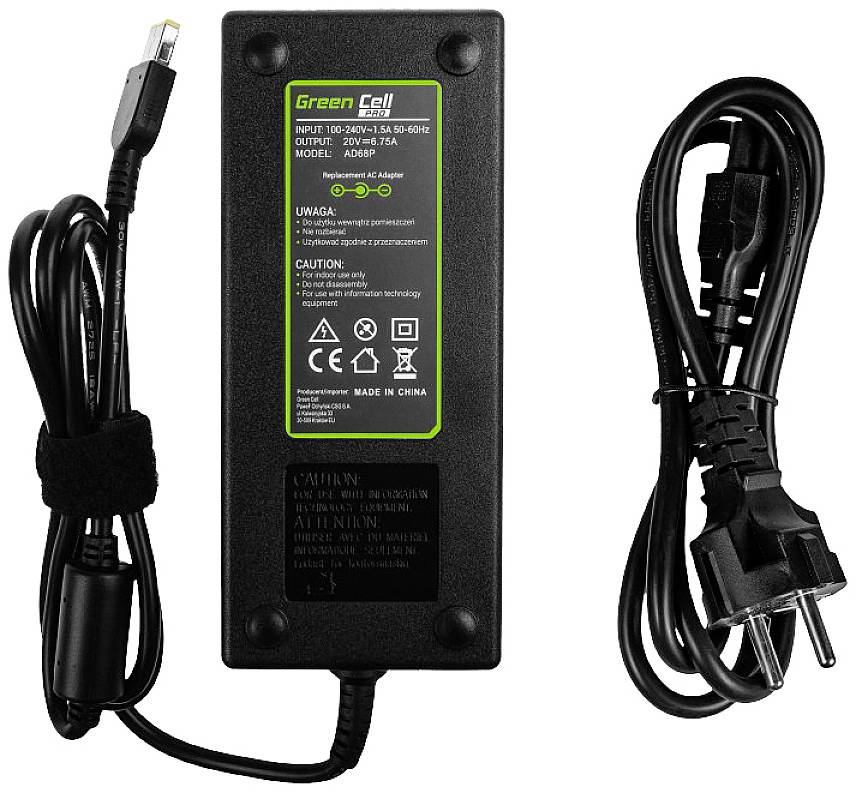 Chargeur 'Green Cell' avec câble. Entrée : 100-240V, 1,5A, 50-60Hz. Sortie : 20V, 7,5A. Modèle : AD90P. Contient des avertissements de sécurité et des symboles.