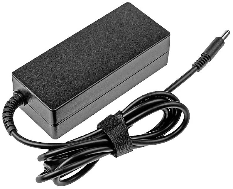 Adaptateur secteur noir pour ordinateur portable avec câble d'alimentation relié par une attache velcro.